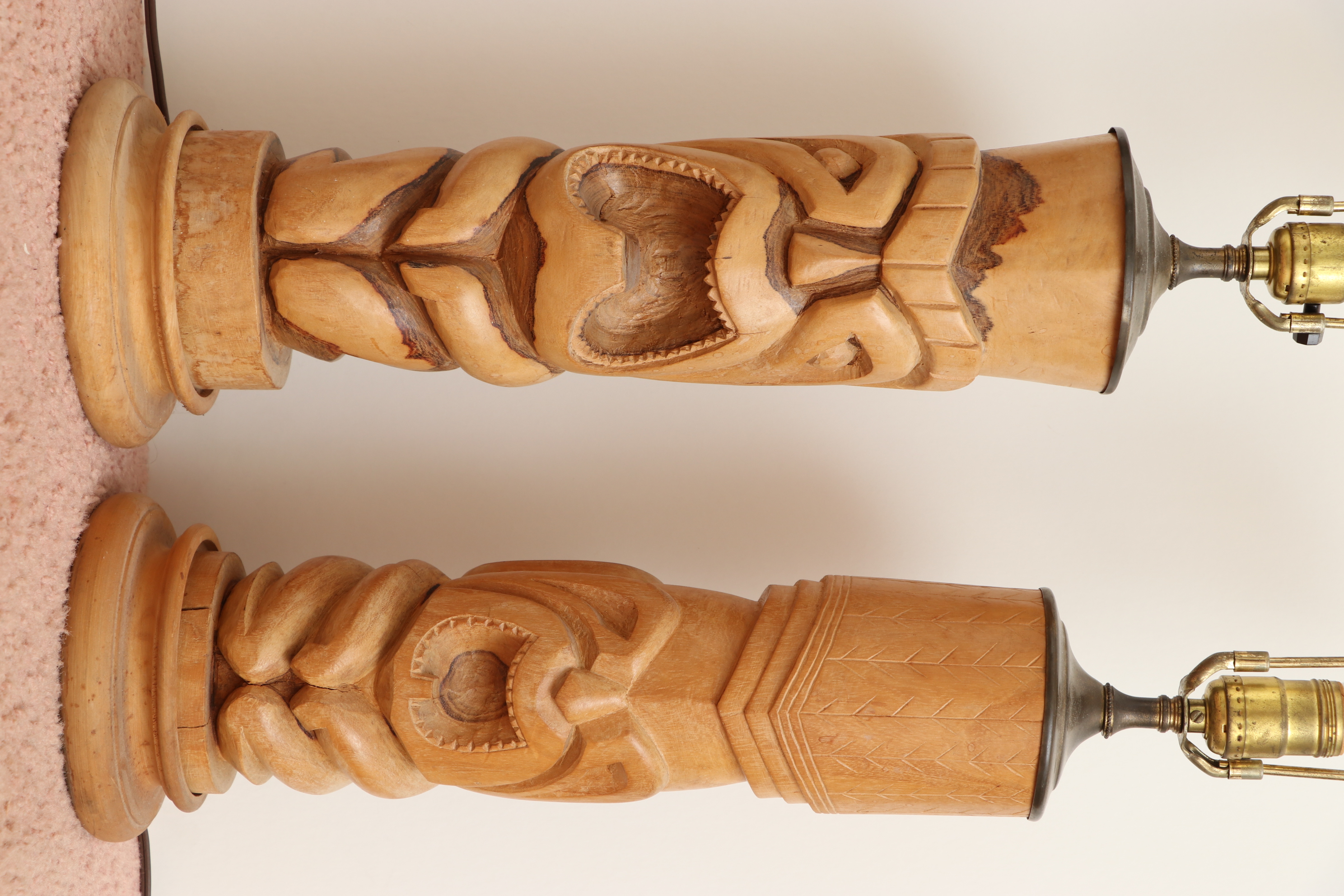 Carved Wood Tiki Face Table Lamps, Mid-20th Century