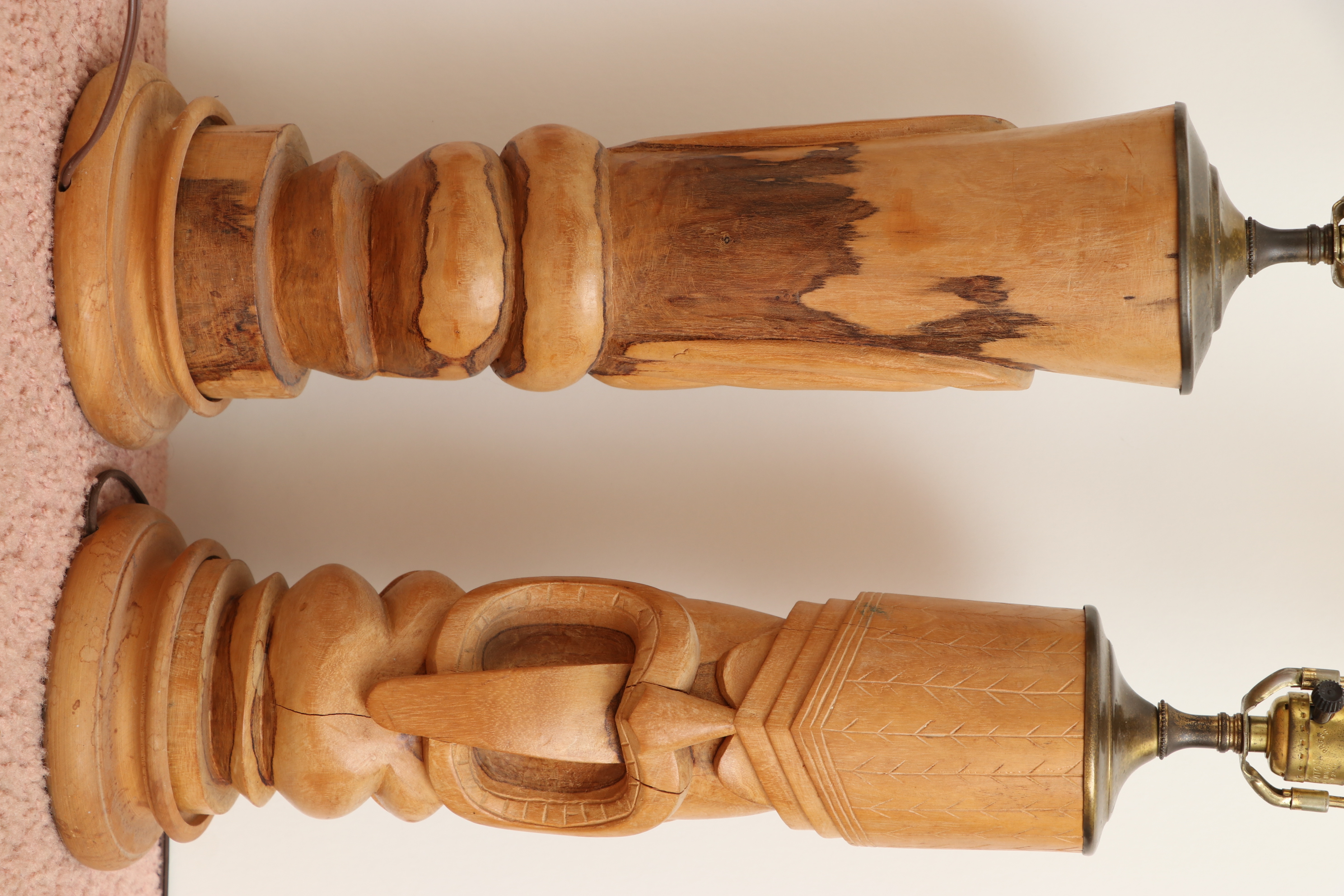 Carved Wood Tiki Face Table Lamps, Mid-20th Century