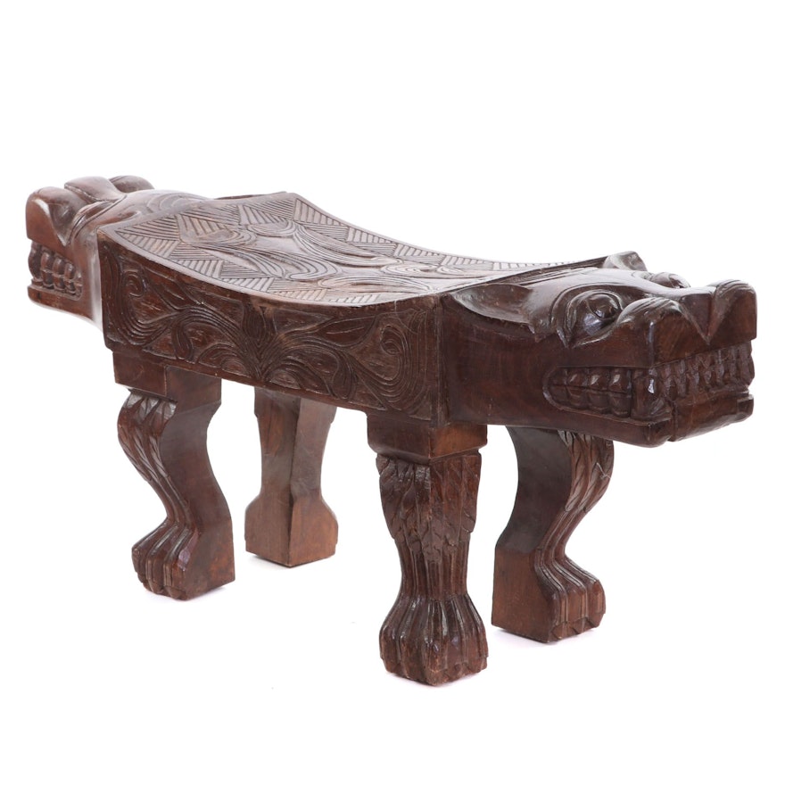 Asian Inspired Carved Wood Figural Bench