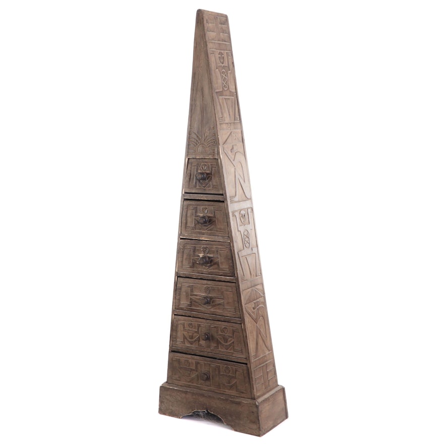 Carved Wooden Pyramid-Shaped Chest of Drawers