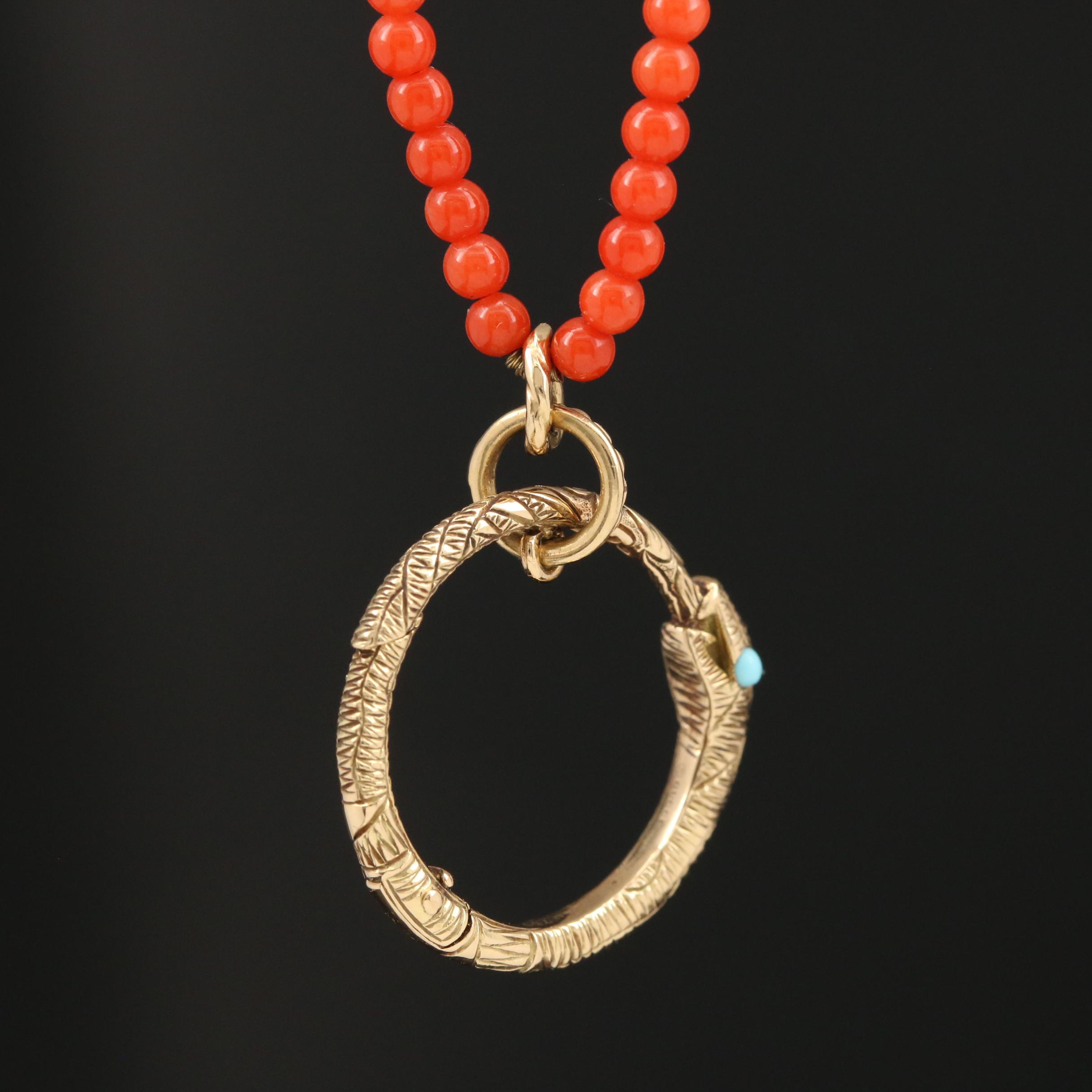 Gucci 18K Ouroboros Pendant Beaded Necklace