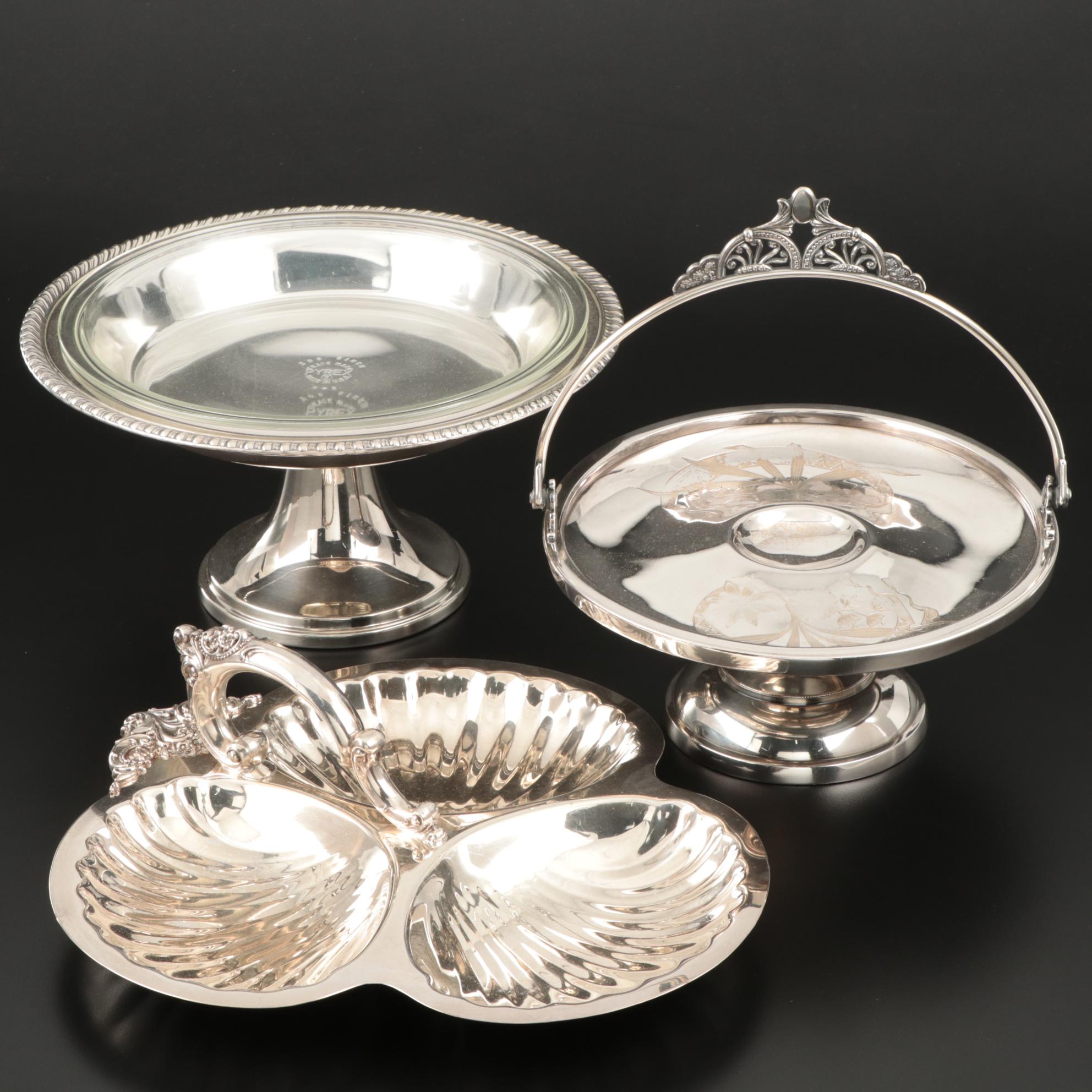 Silver Plated Serving Dishes Including Wallace "Baroque" Clamshell Tray