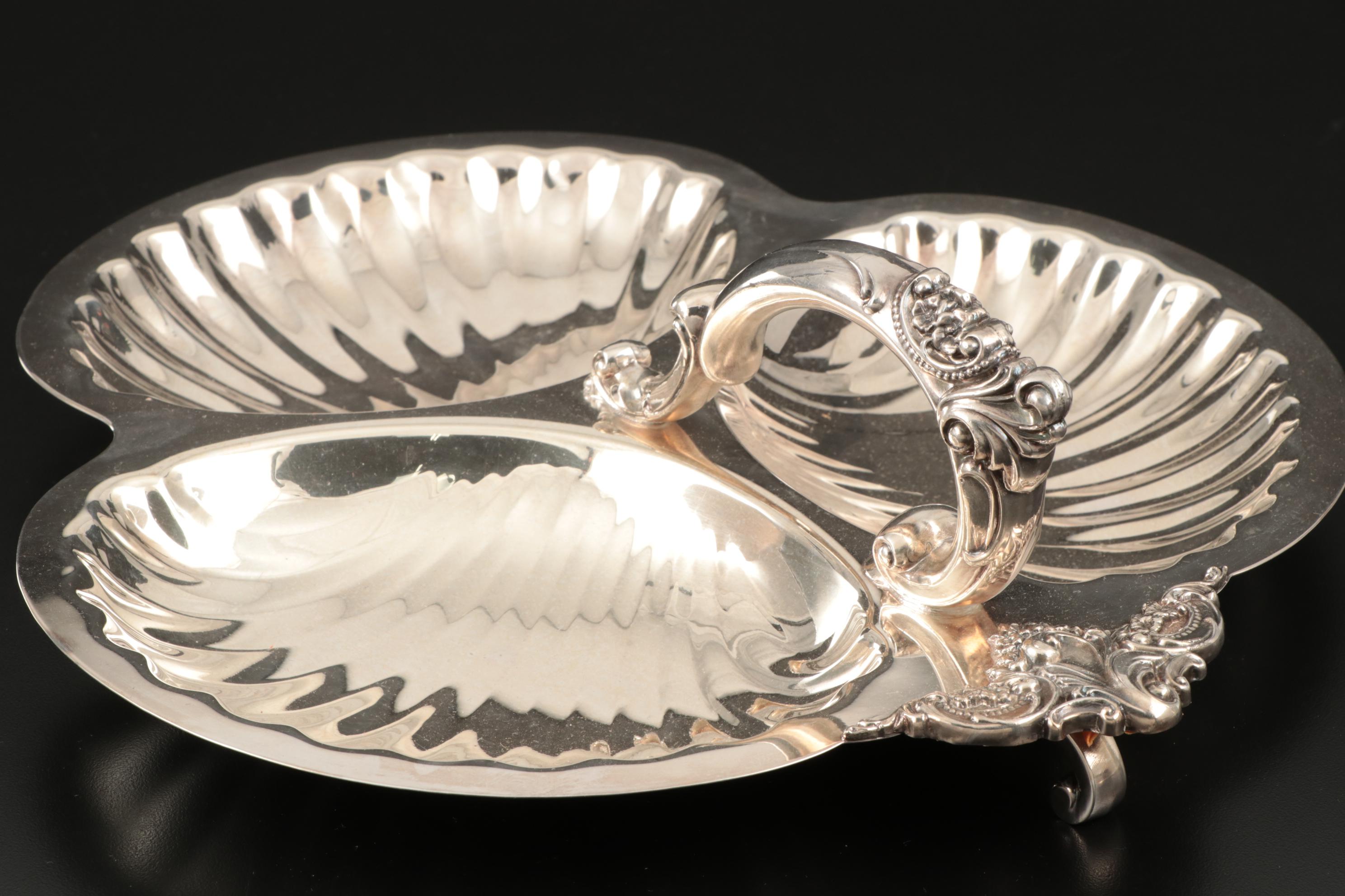 Silver Plated Serving Dishes Including Wallace "Baroque" Clamshell Tray