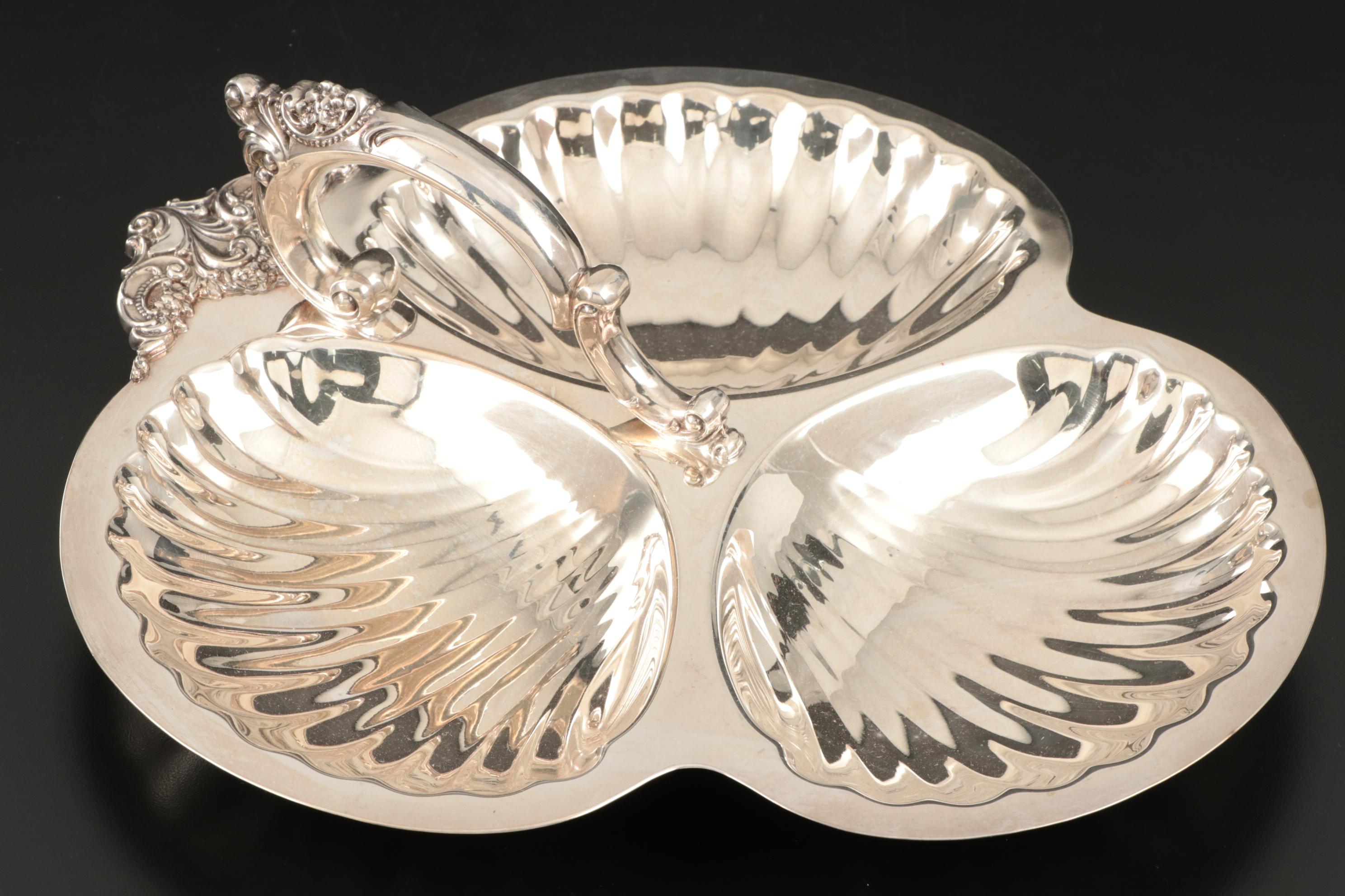 Silver Plated Serving Dishes Including Wallace "Baroque" Clamshell Tray