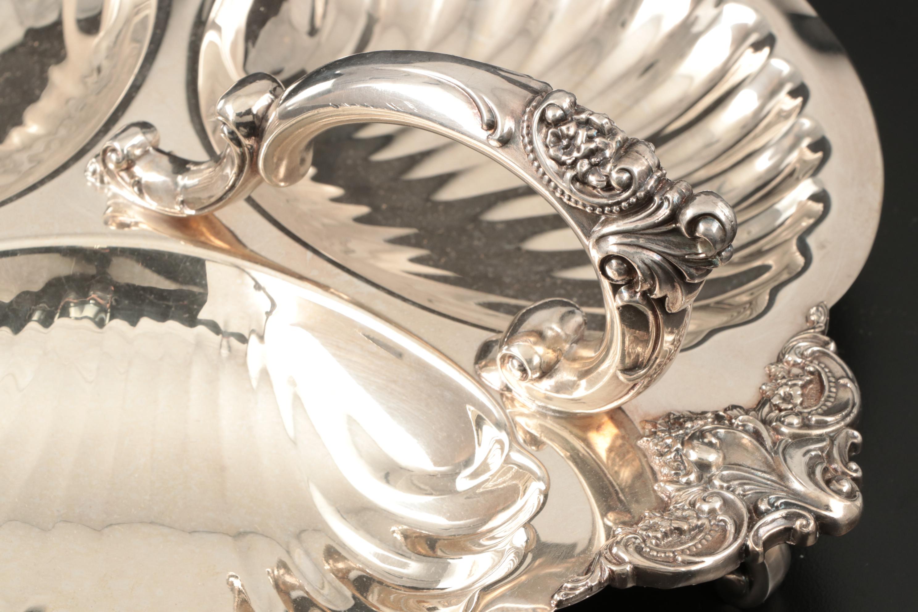 Silver Plated Serving Dishes Including Wallace "Baroque" Clamshell Tray