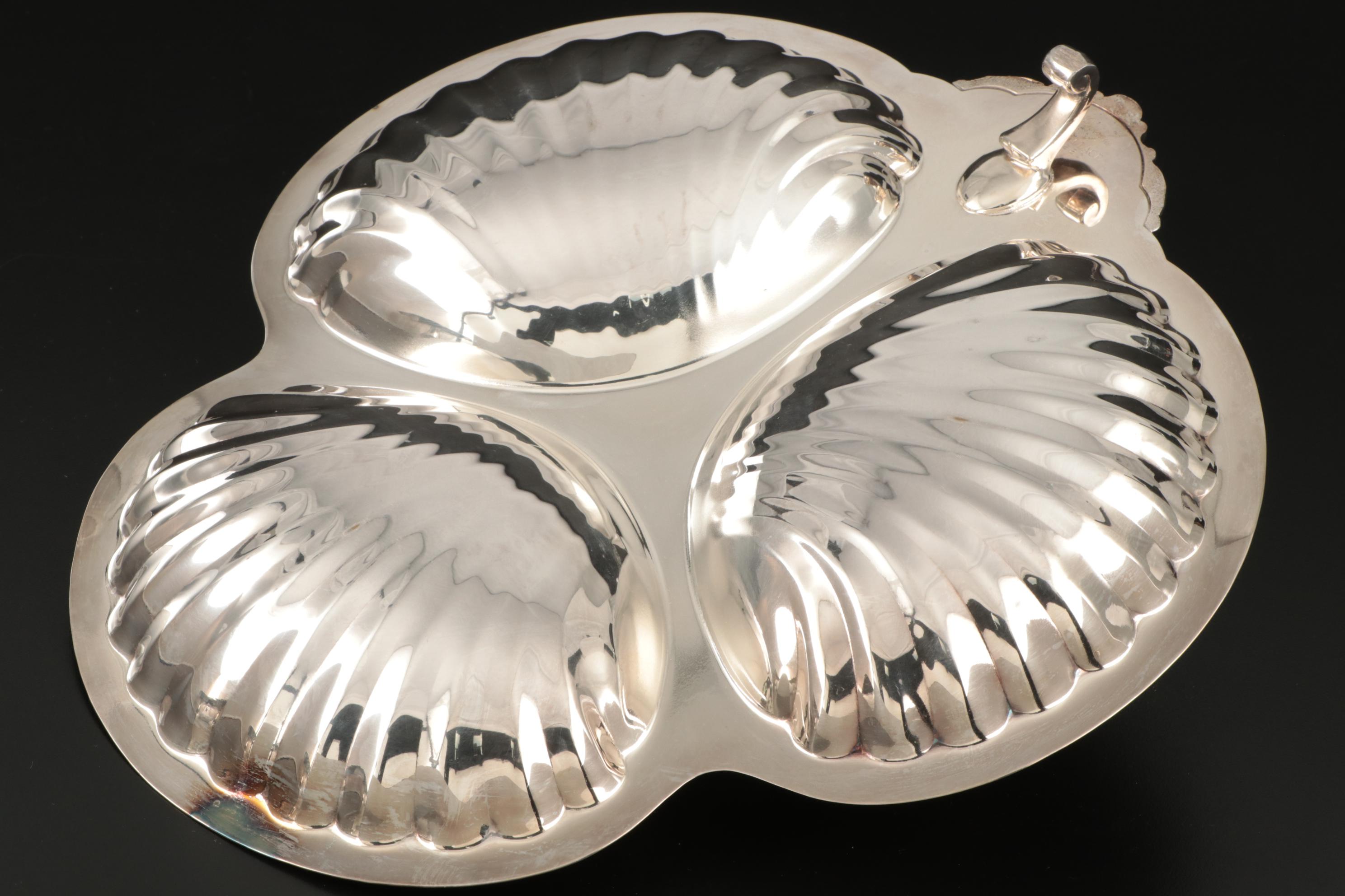 Silver Plated Serving Dishes Including Wallace "Baroque" Clamshell Tray