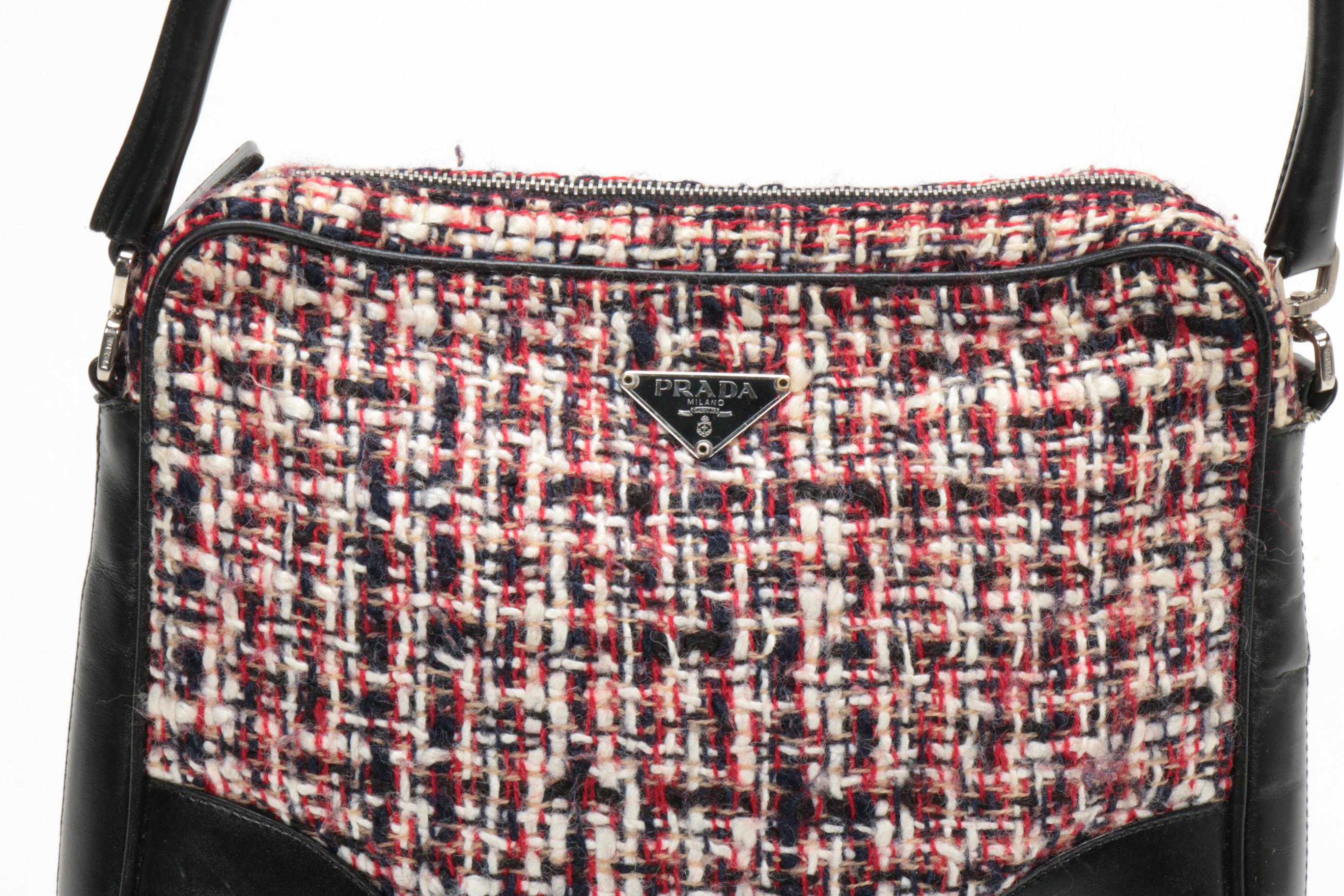 Prada Shoulder Bag in Bouclé Tweed and Black Leather