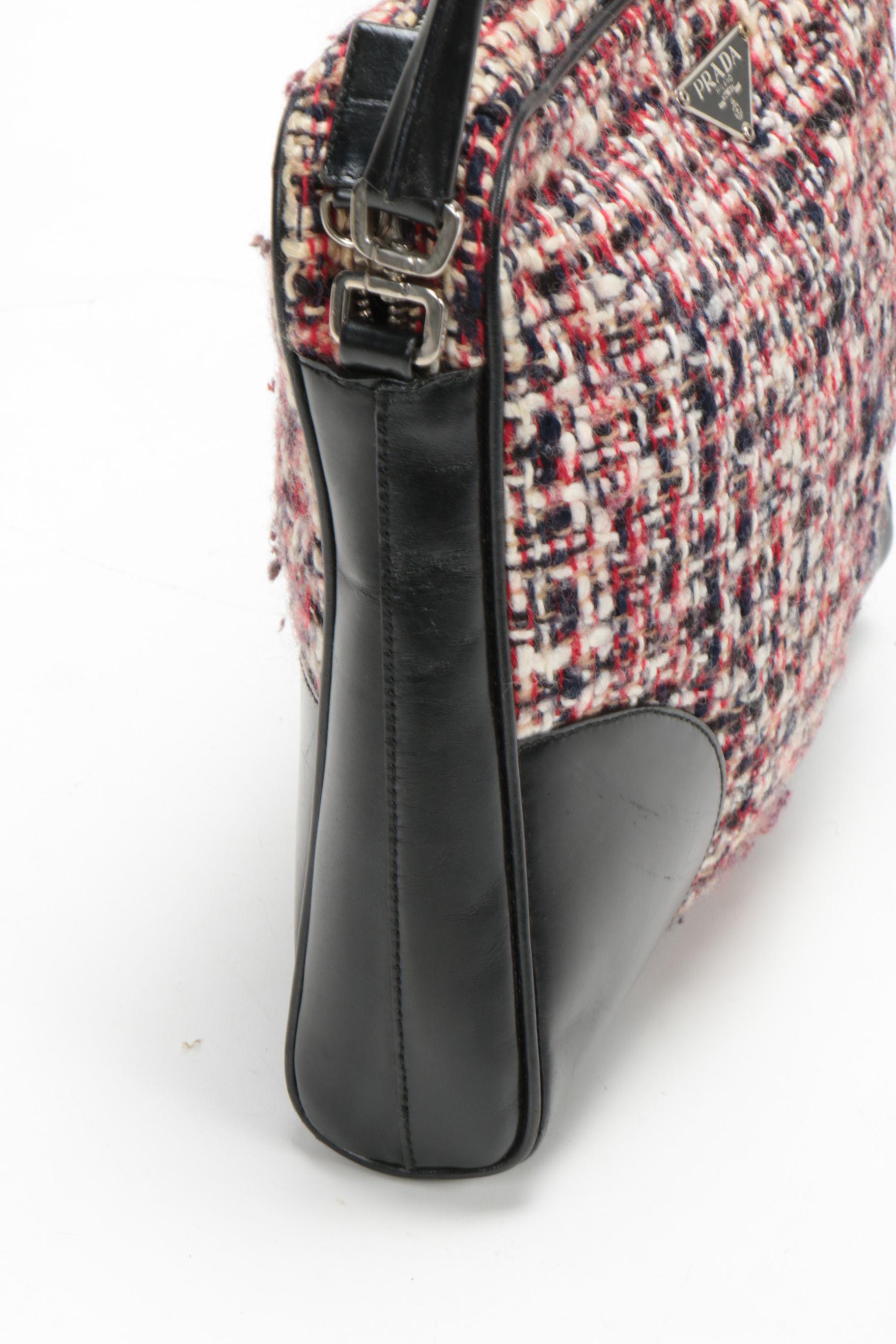 Prada Shoulder Bag in Bouclé Tweed and Black Leather