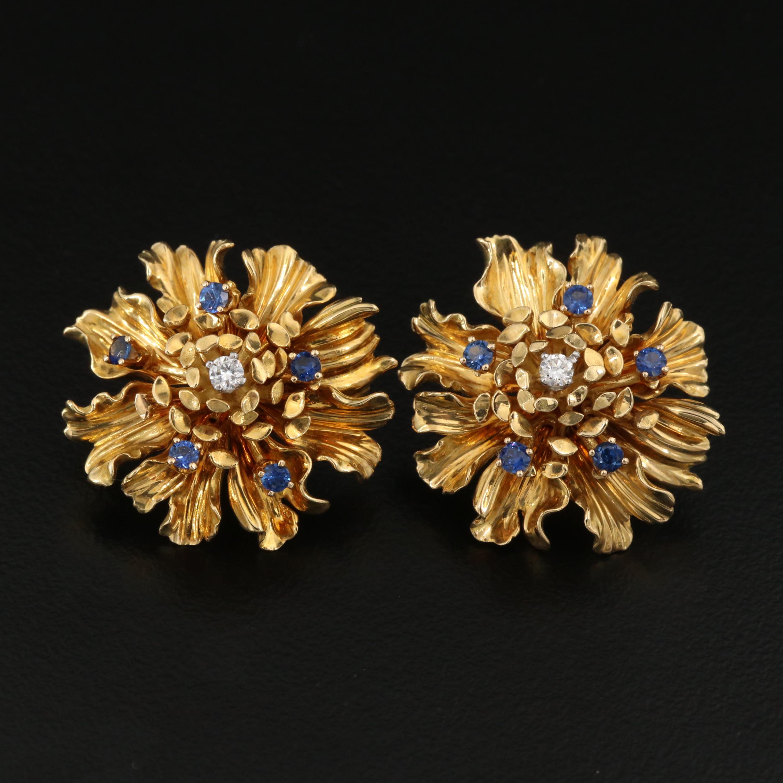 Vintage Flower Earrings with Diamonds and Sapphires