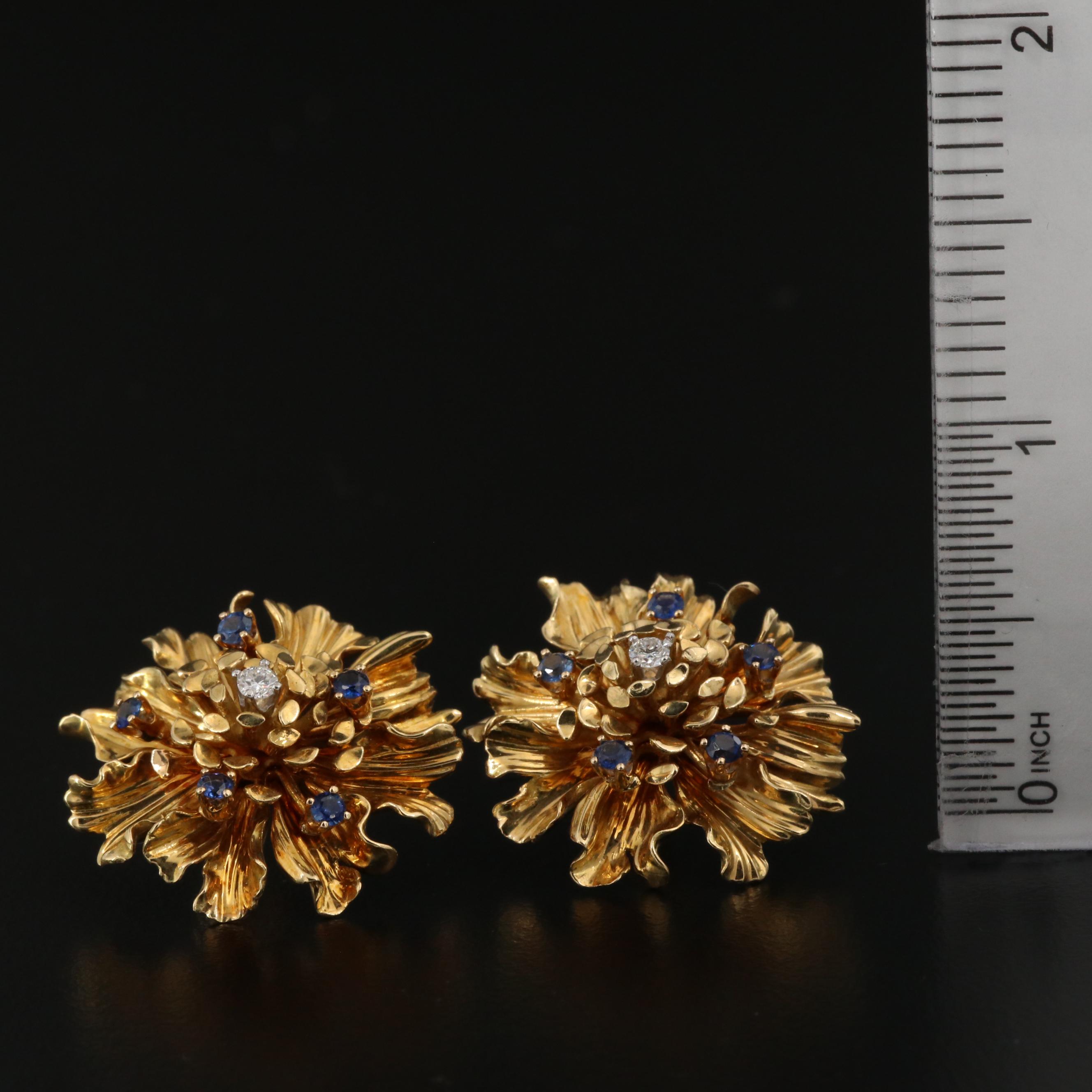 Vintage Flower Earrings with Diamonds and Sapphires