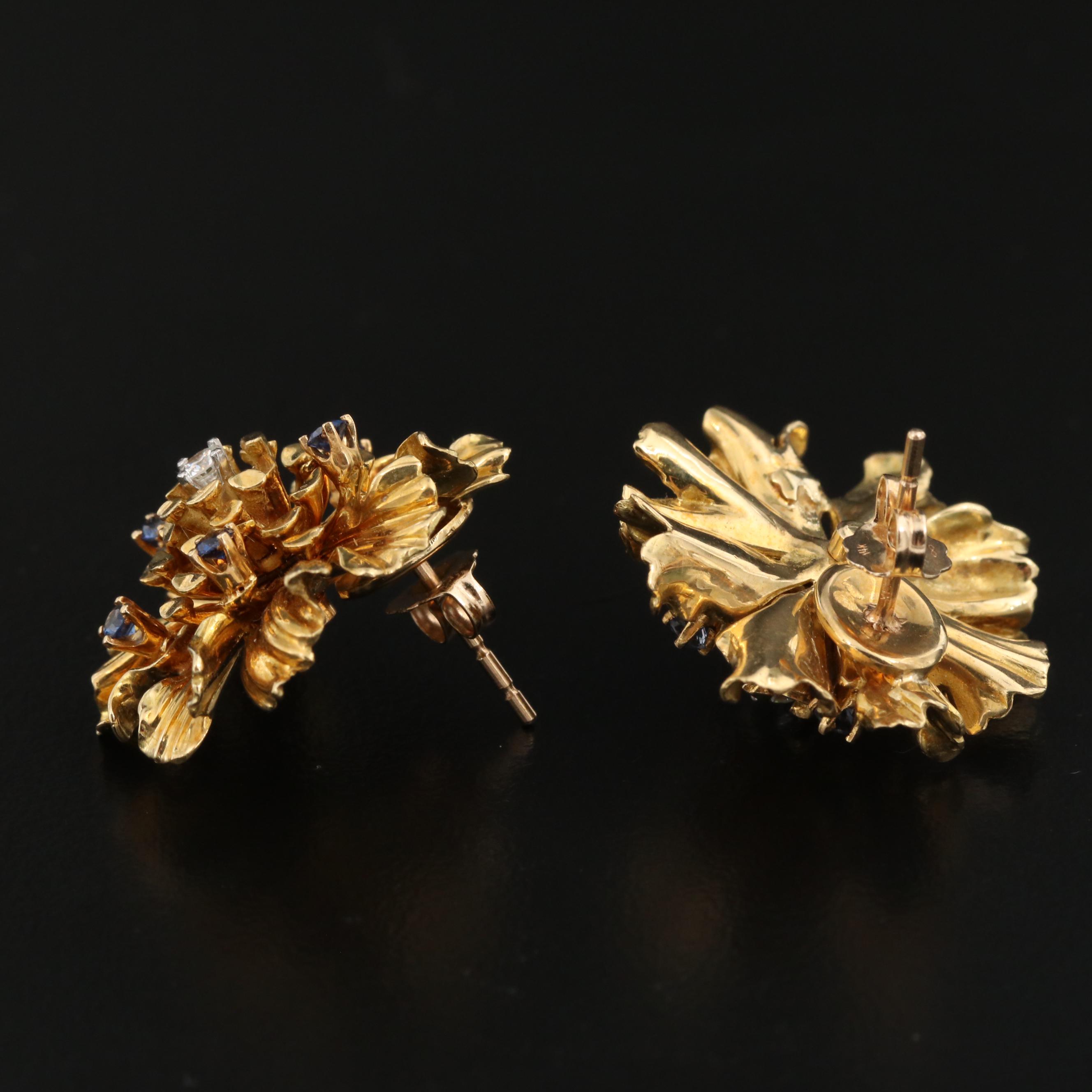 Vintage Flower Earrings with Diamonds and Sapphires