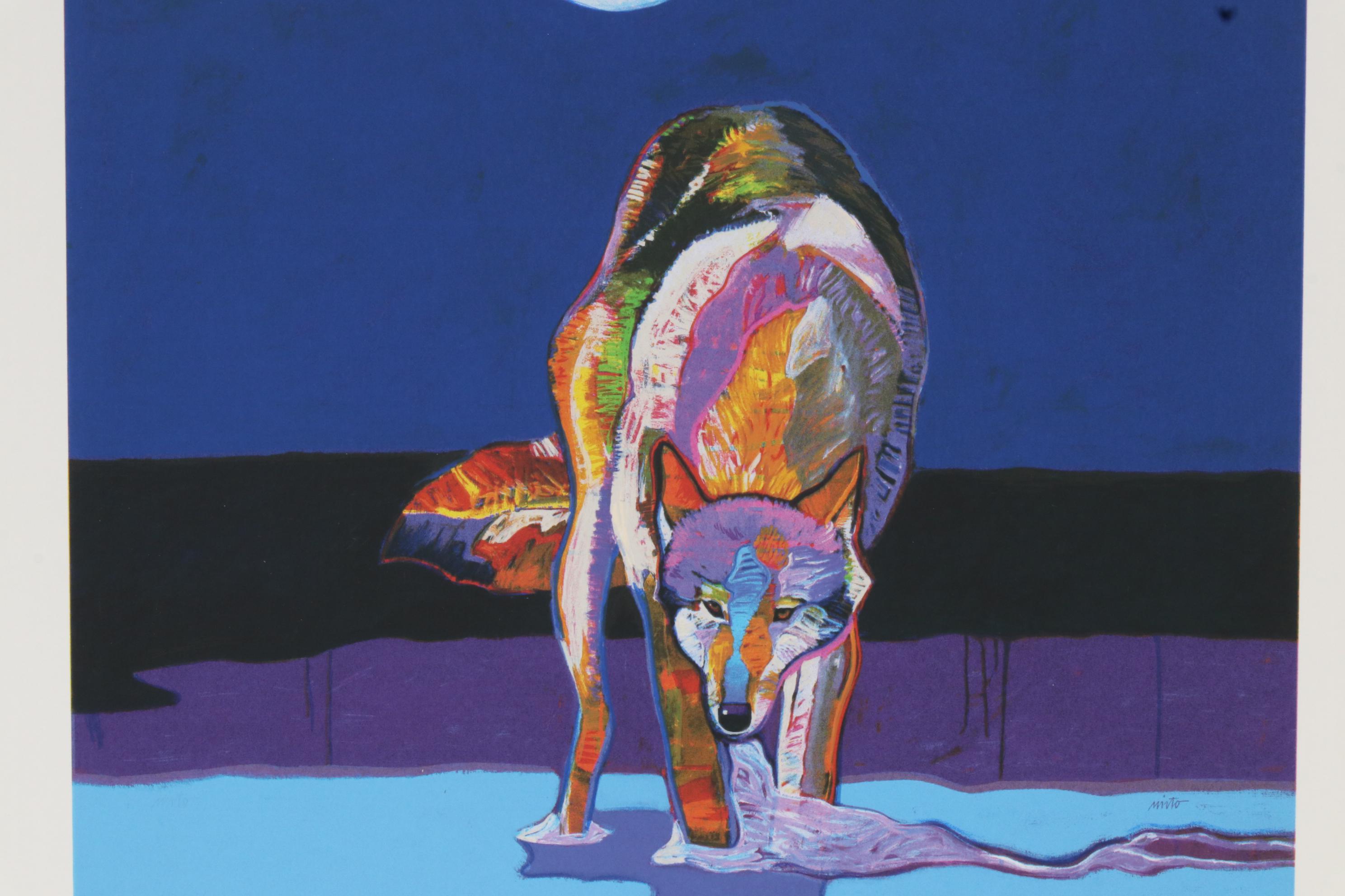 John Nieto Serigraph "Wolf Drinking Water by Moonlight", 1996