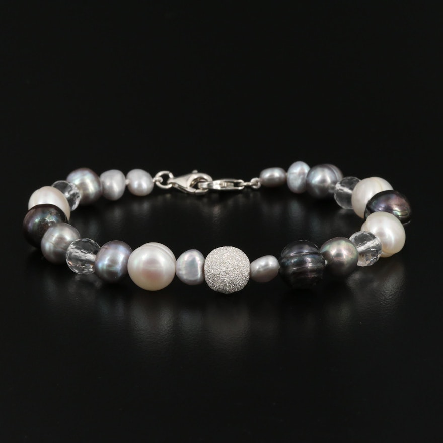Sterling Silver Pearl and Rock Crystal Quartz Bracelet