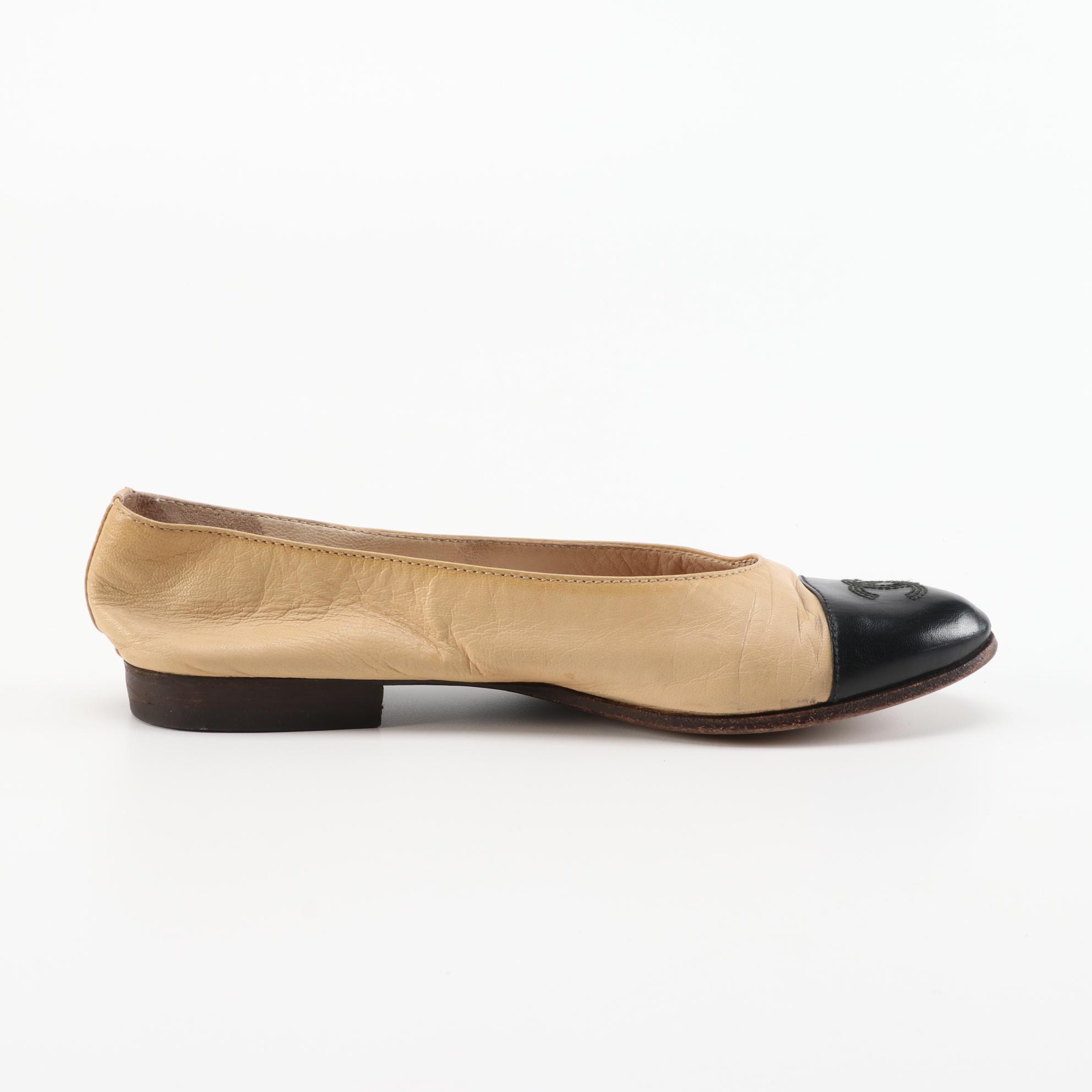 Chanel CC Cap-Toe Flats in Nude and Black Leather