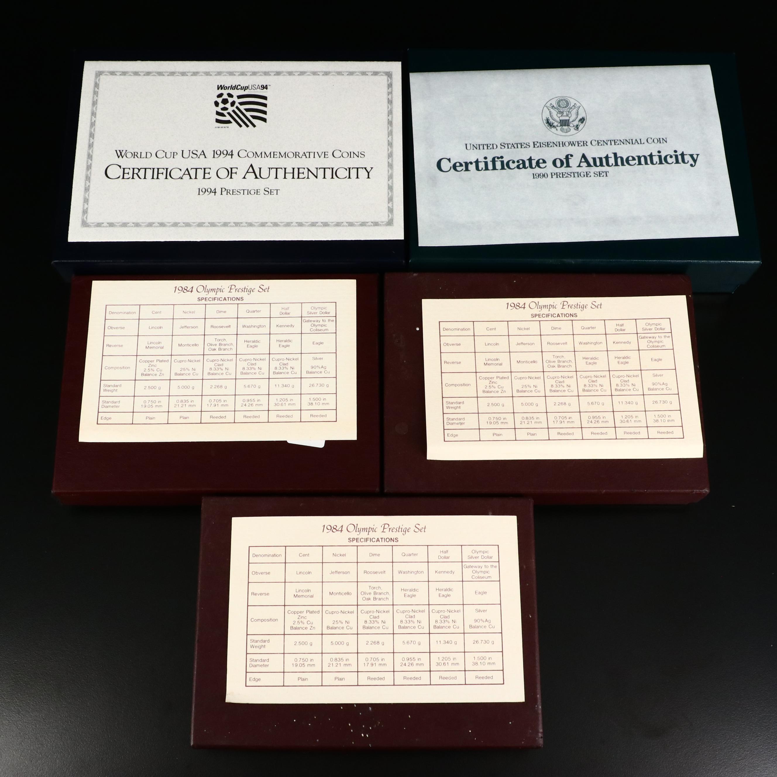 Five U.S. Mint Prestige Proof Sets, 1984 to 1994
