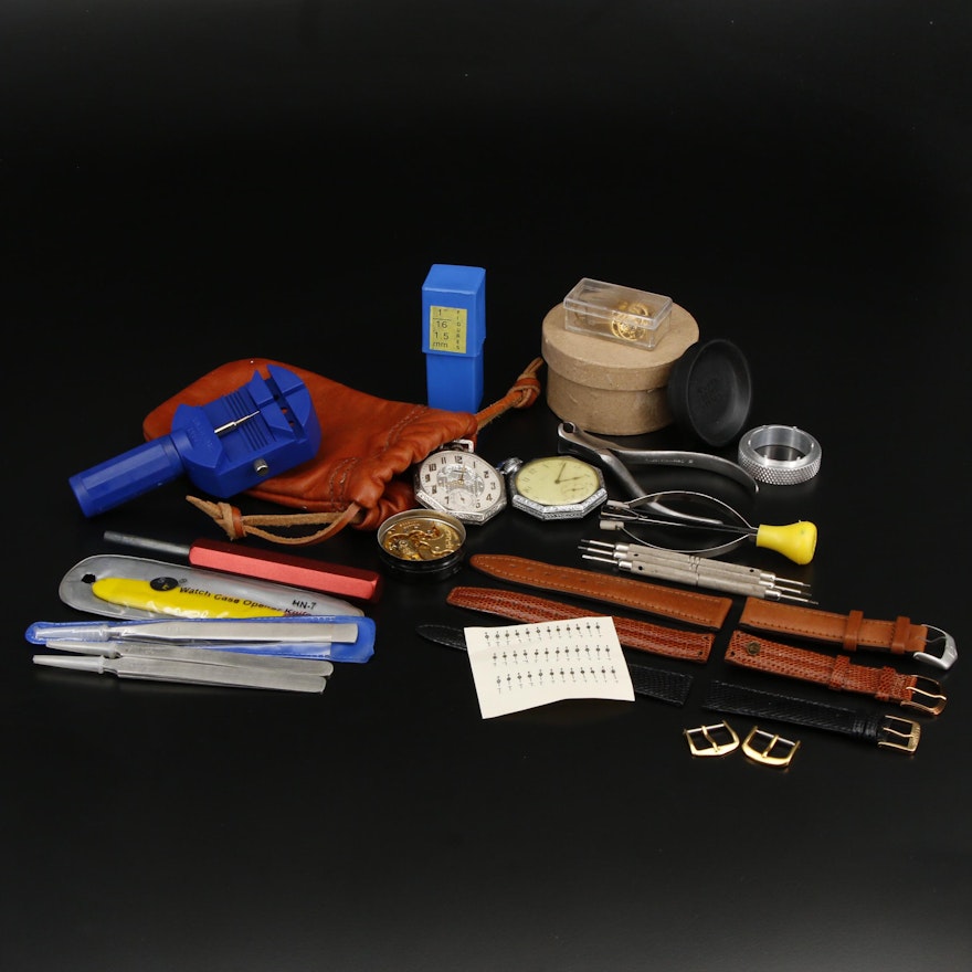 Generous Supply of Watchmakers Tools, Pocket Watches Movements and More