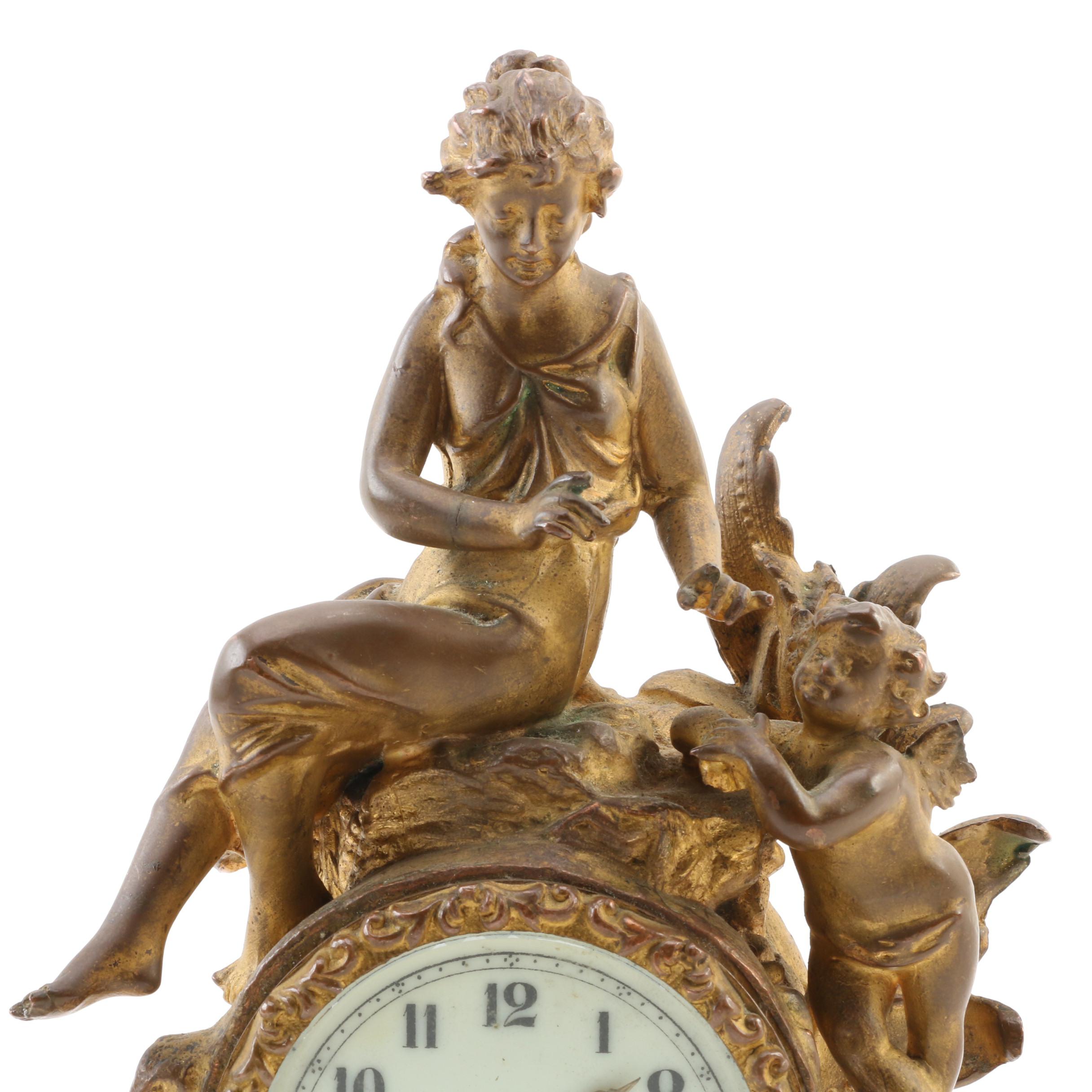 Art Nouveau New Haven Clock Co. Gilt Metal Figural Clock, Late 19th-Early 20th C