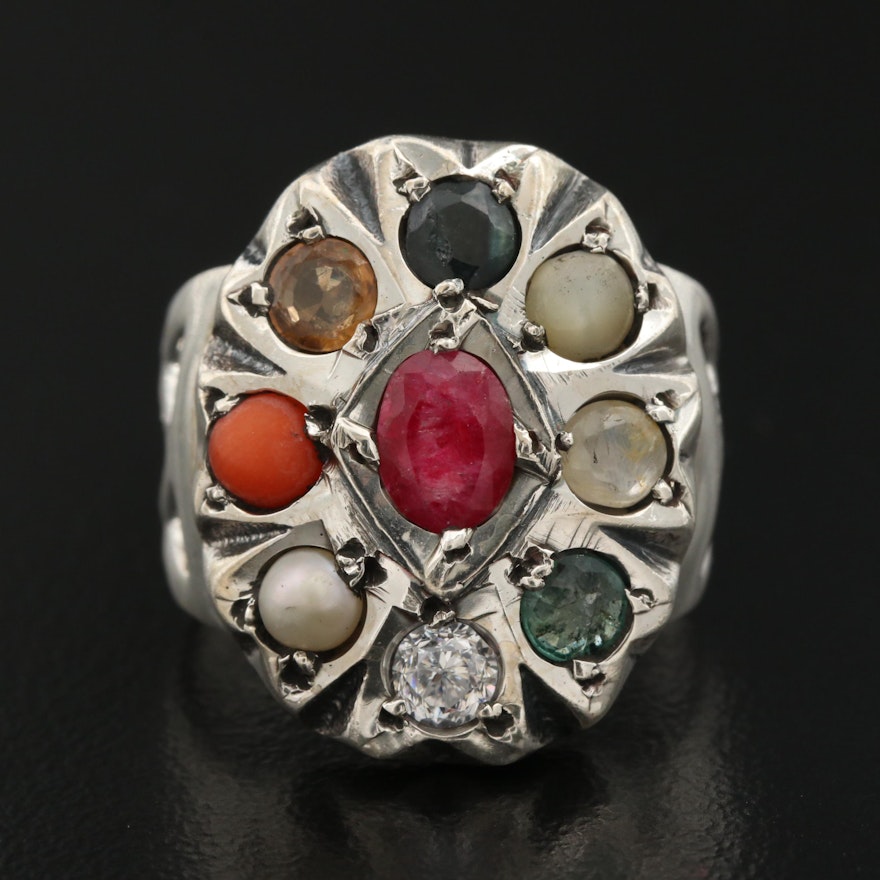 Sterling Silver Ruby, Sapphire, Cubic Zirconia and Pearl Ring