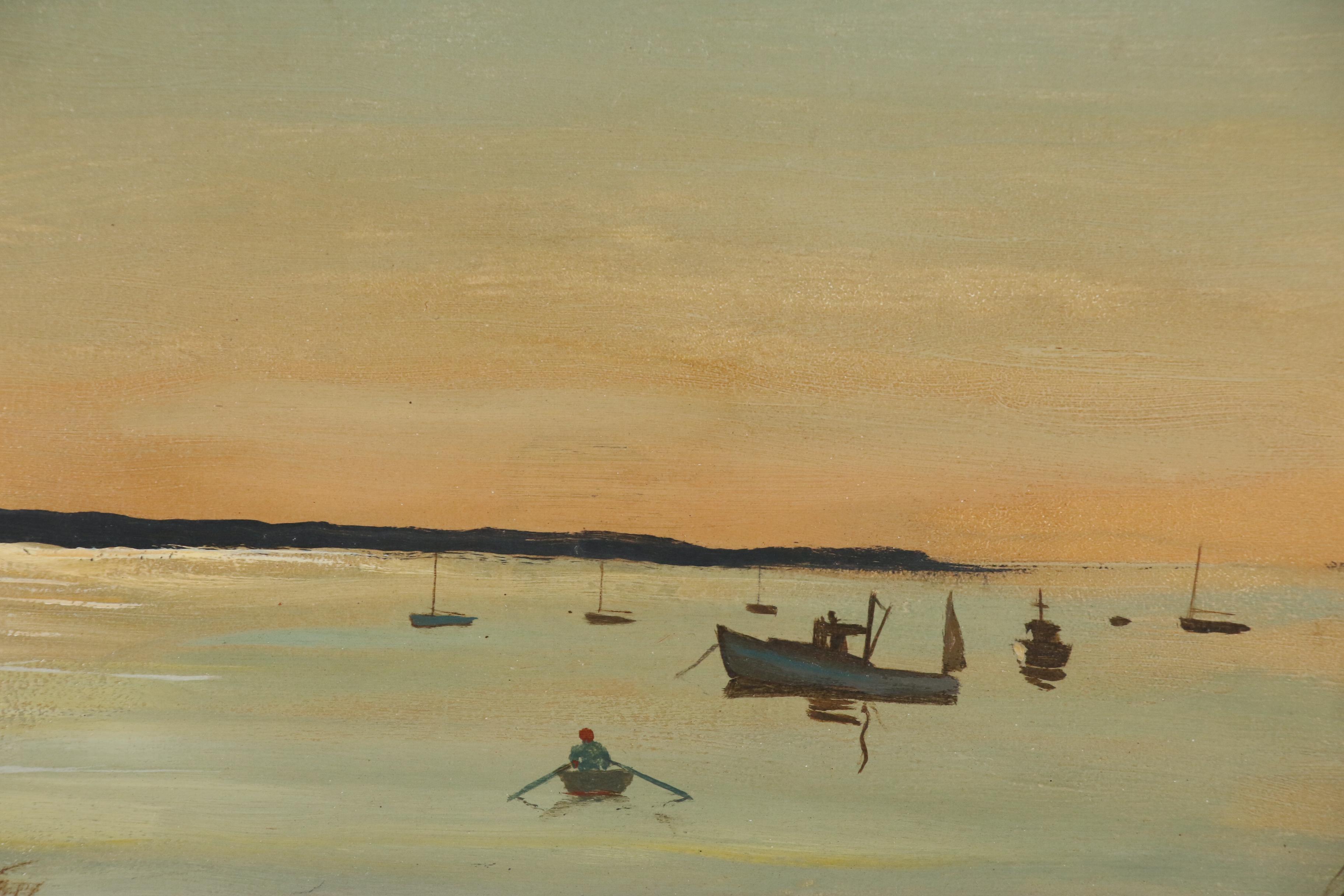 Stephen Etnier Oil Painting of Harbor Scene with Rower "Performance"