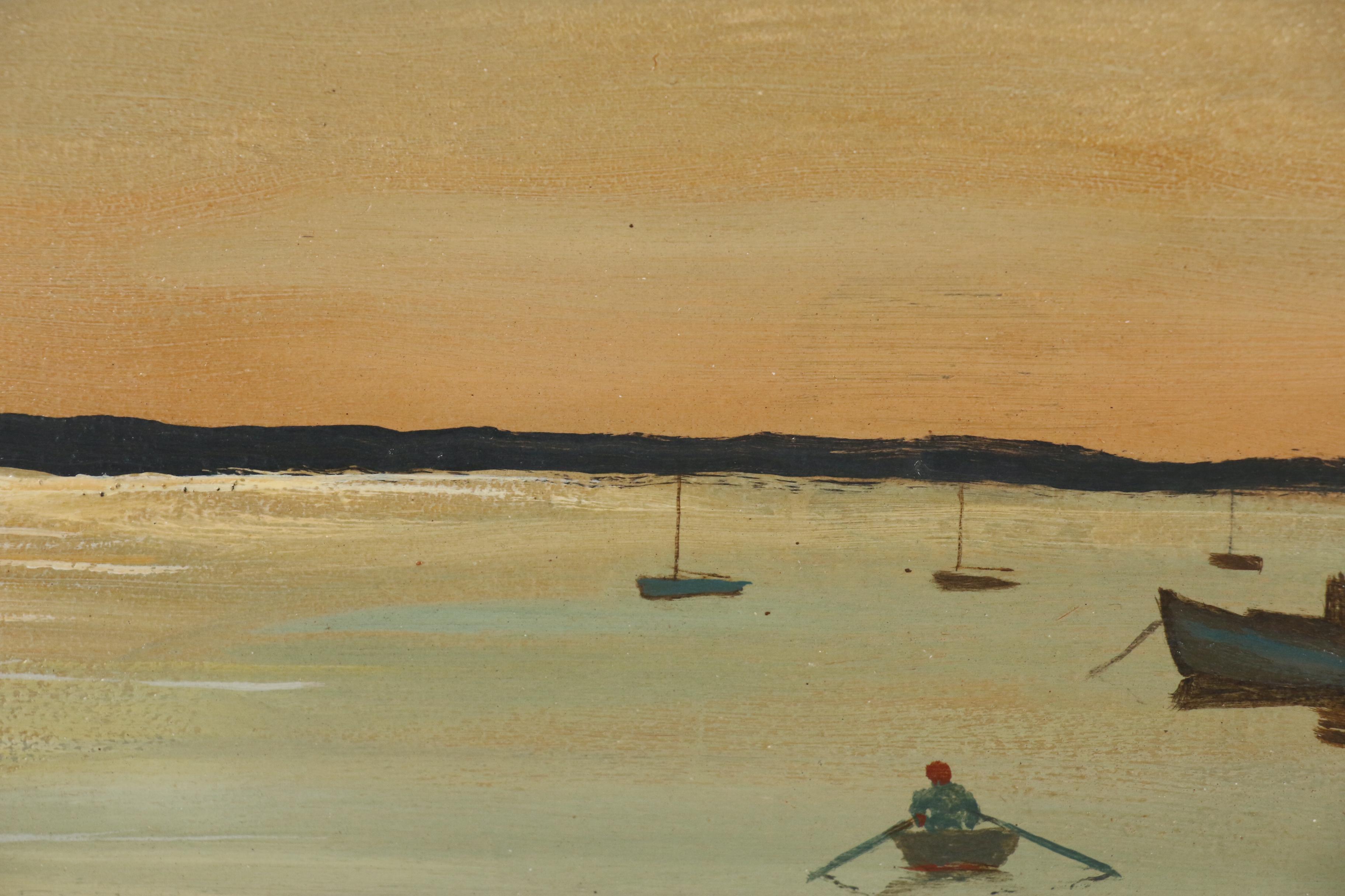 Stephen Etnier Oil Painting of Harbor Scene with Rower "Performance"