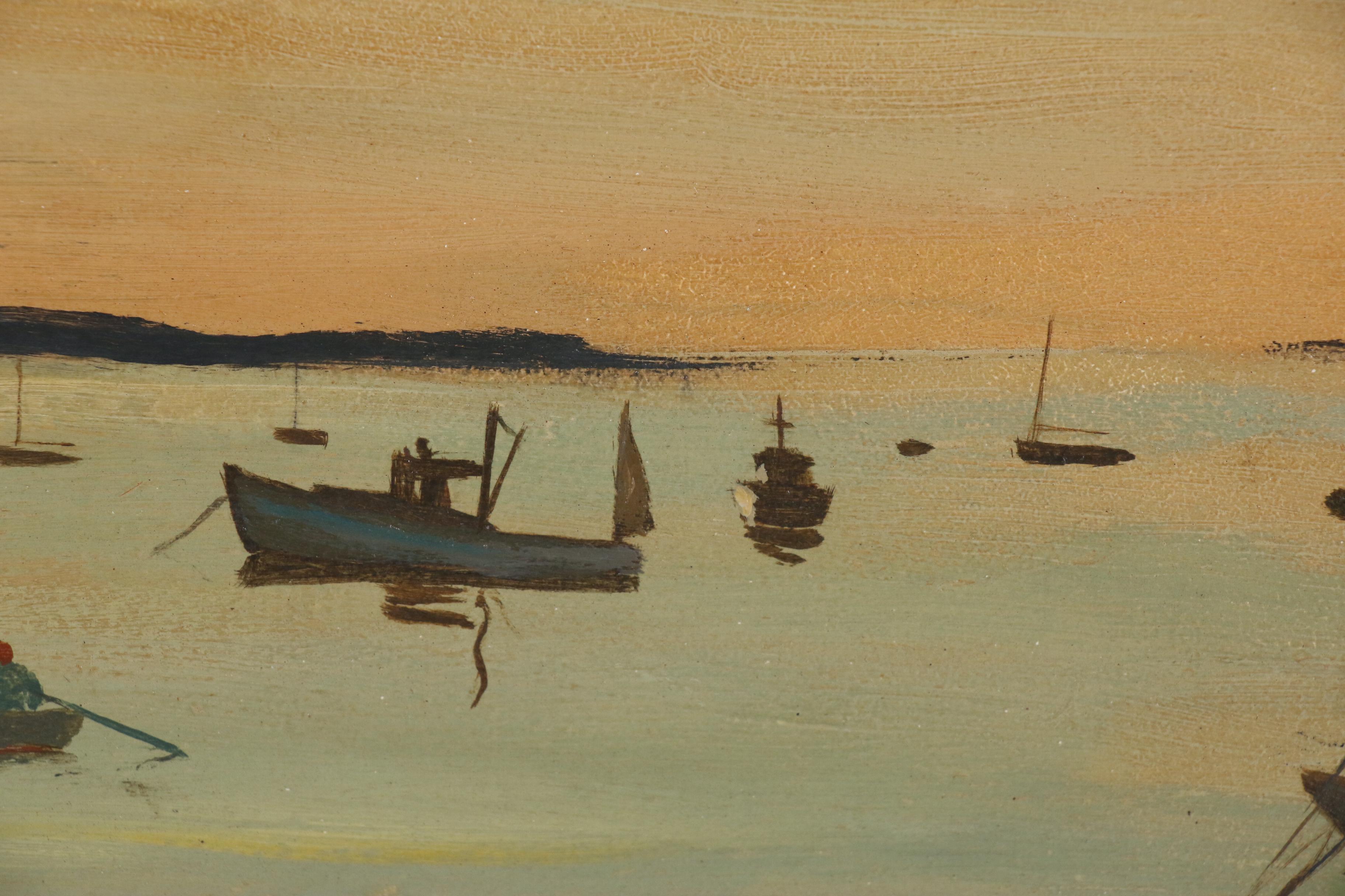 Stephen Etnier Oil Painting of Harbor Scene with Rower "Performance"