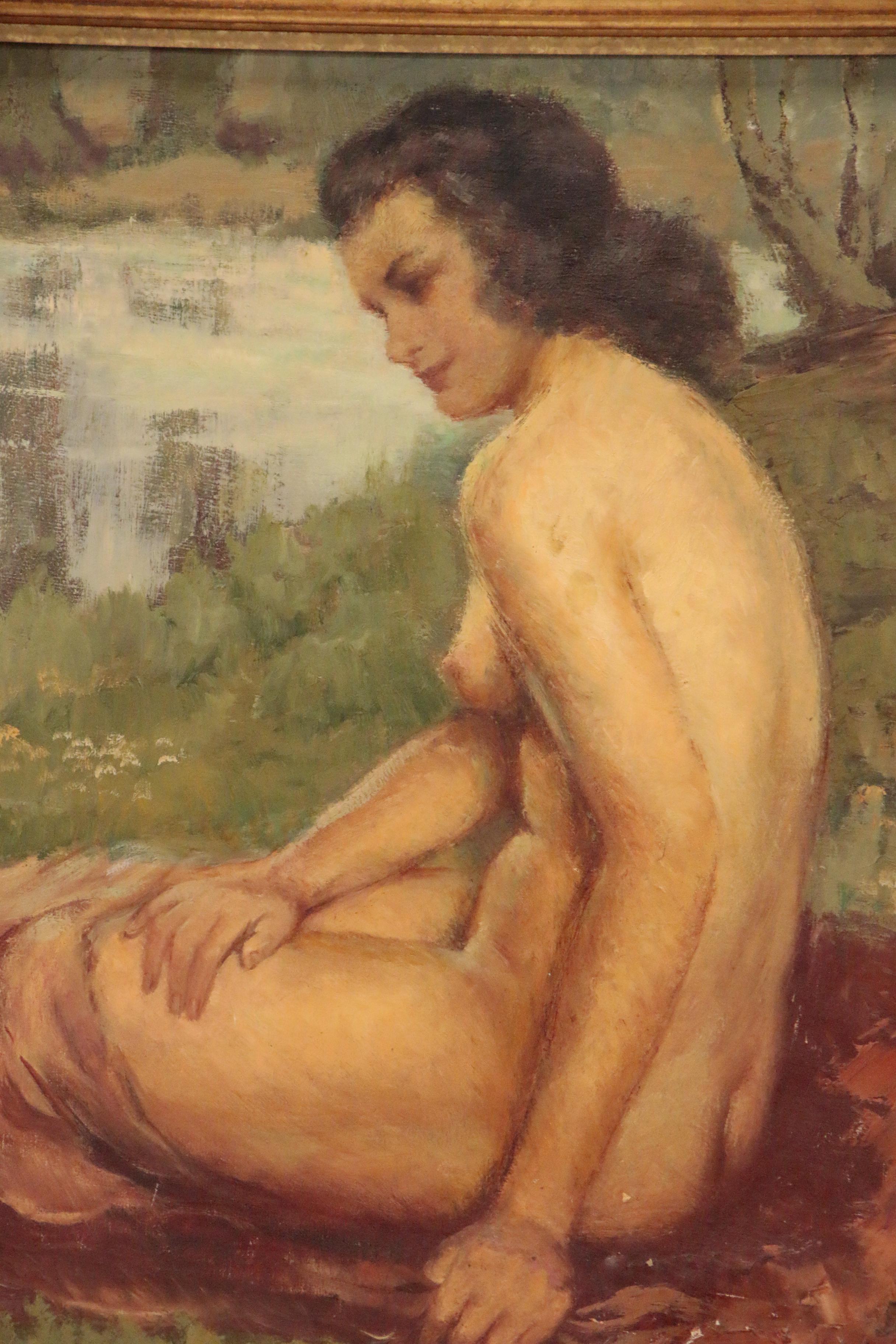 Maurice Callewaert Oil Painting of Seated Female Nude "Reverie"