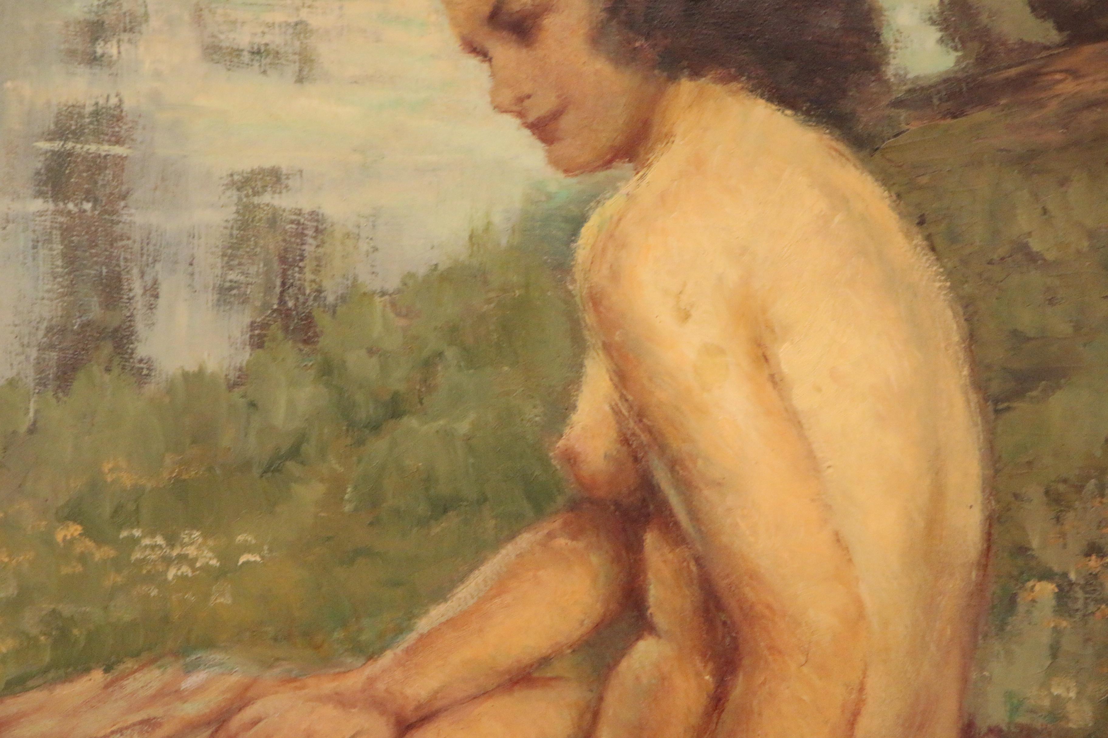 Maurice Callewaert Oil Painting of Seated Female Nude "Reverie"