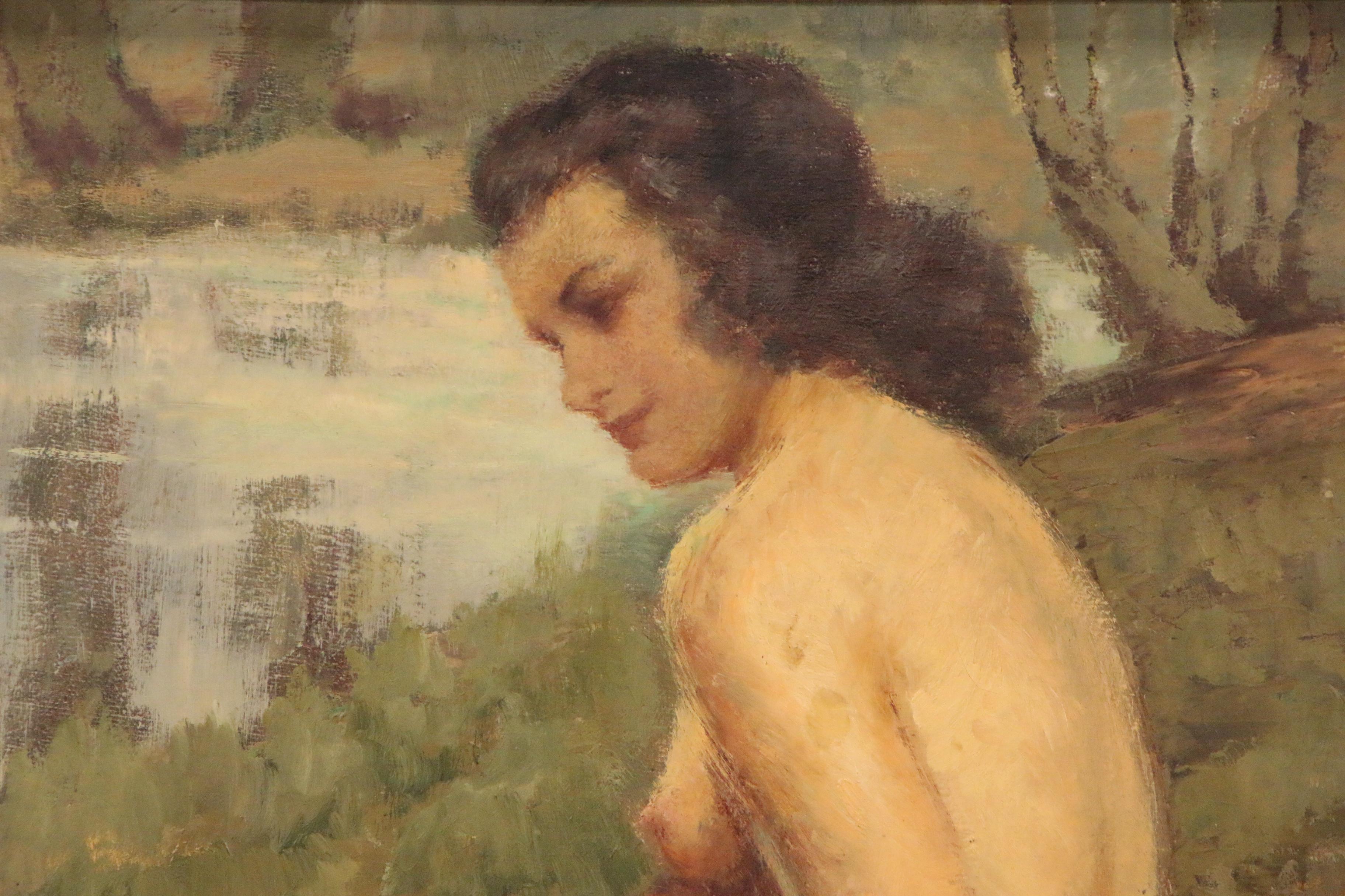 Maurice Callewaert Oil Painting of Seated Female Nude "Reverie"