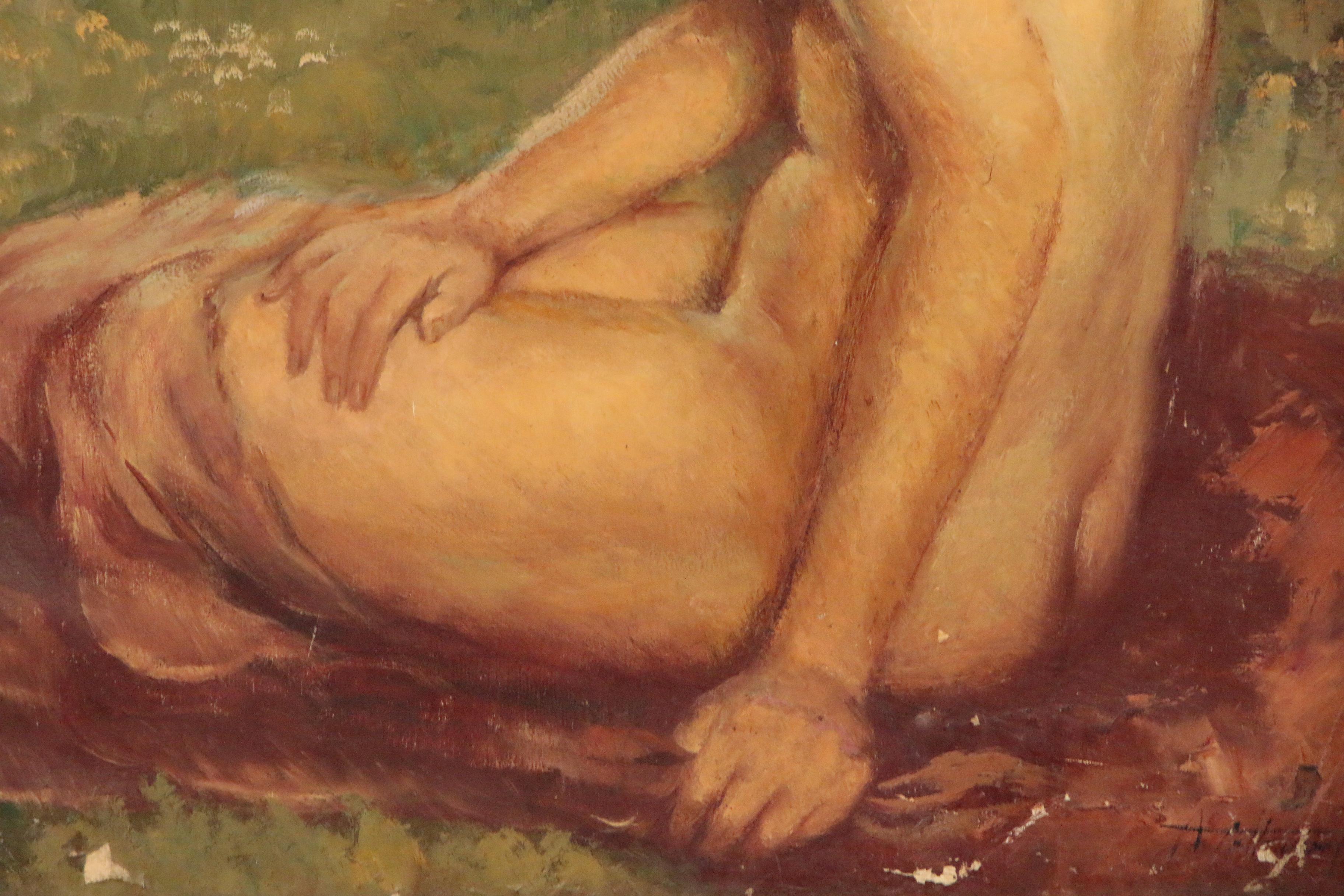 Maurice Callewaert Oil Painting of Seated Female Nude "Reverie"