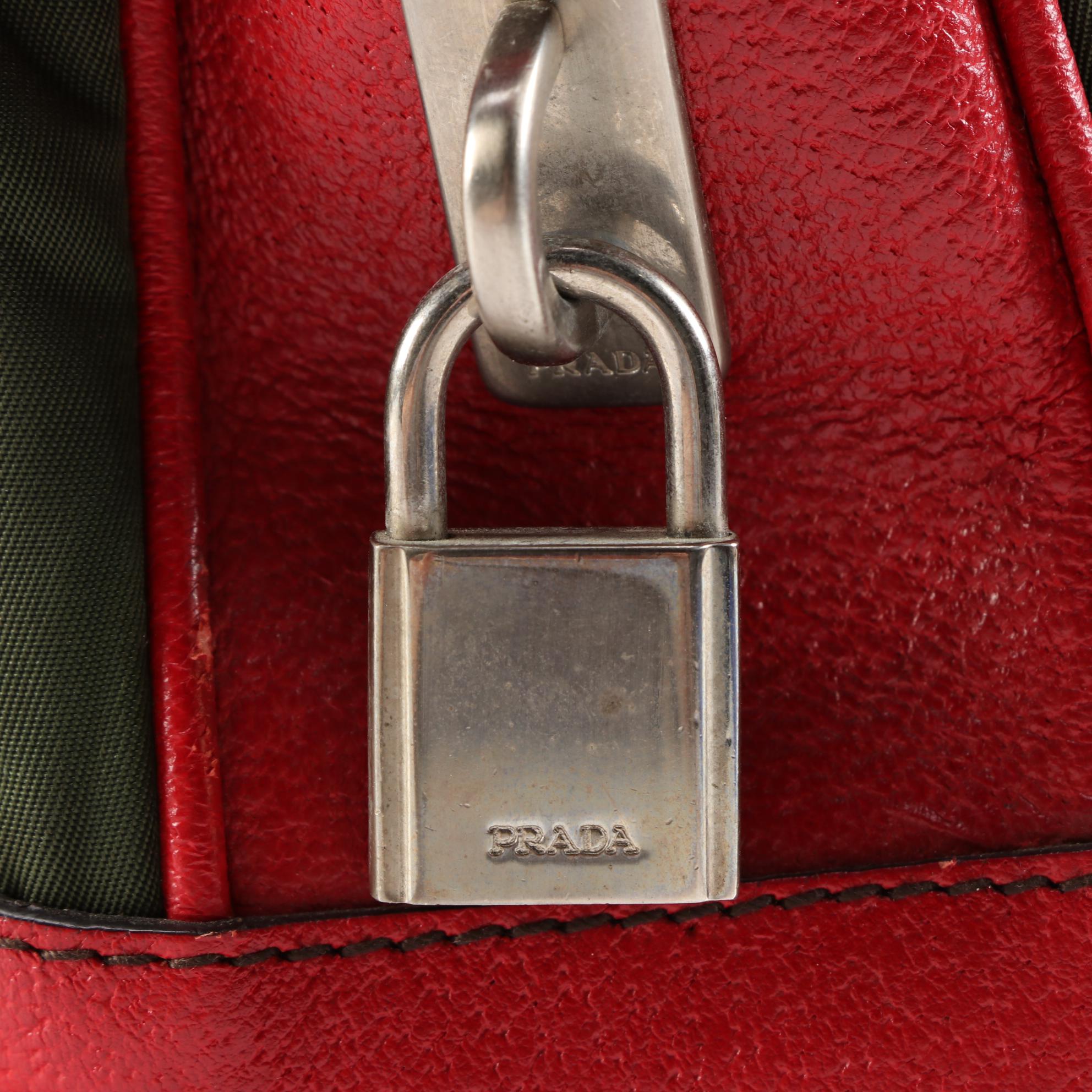 Prada Green Nylon and Red Leather Handbag