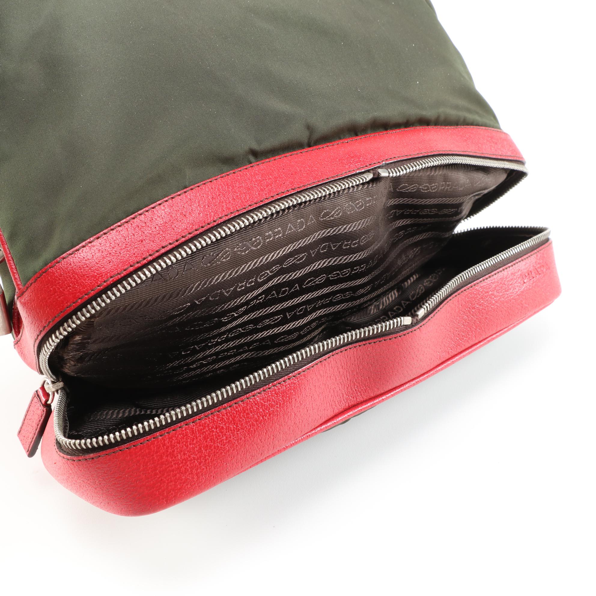 Prada Green Nylon and Red Leather Handbag