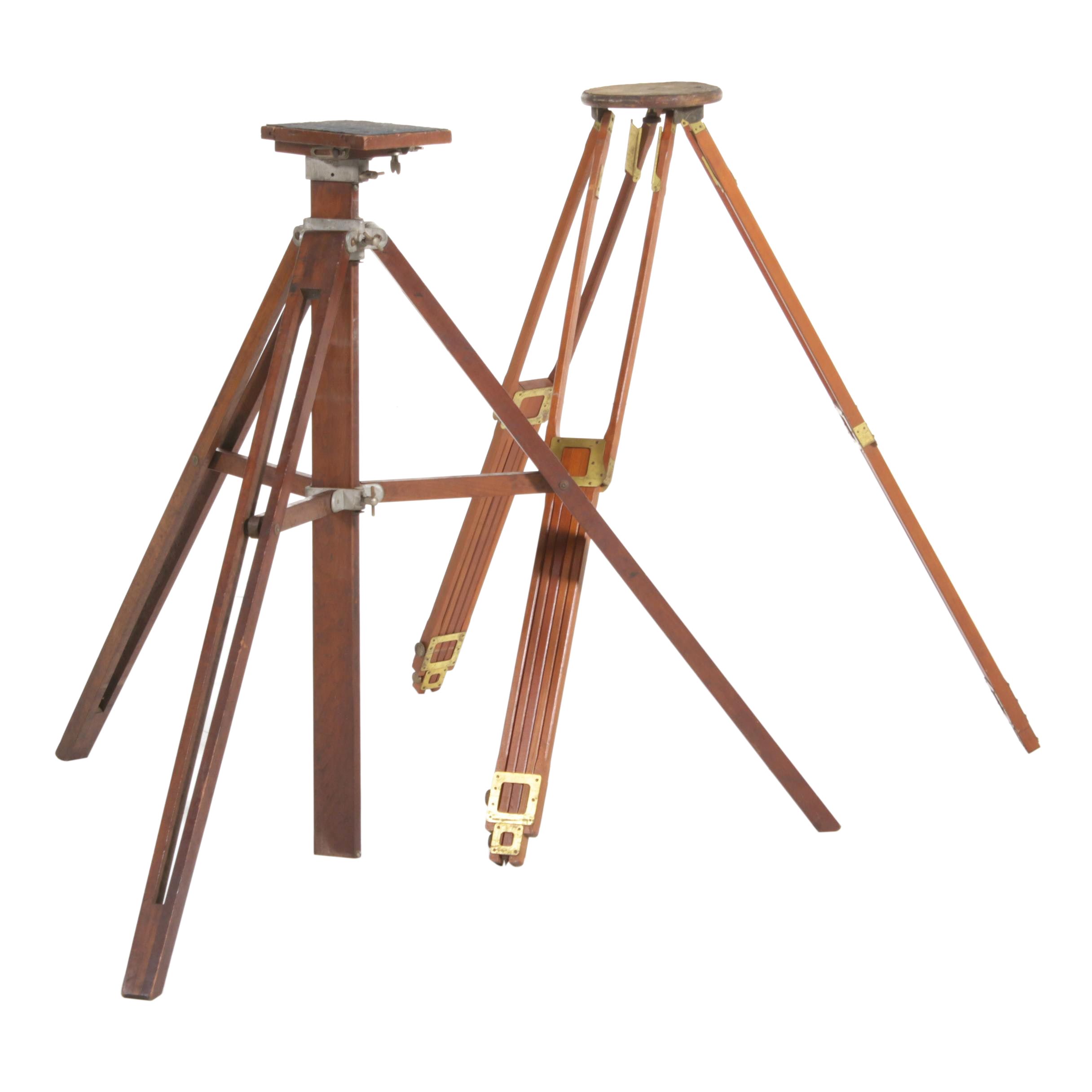 Two Wood and Brass Camera Tripods, 1900s-1910s