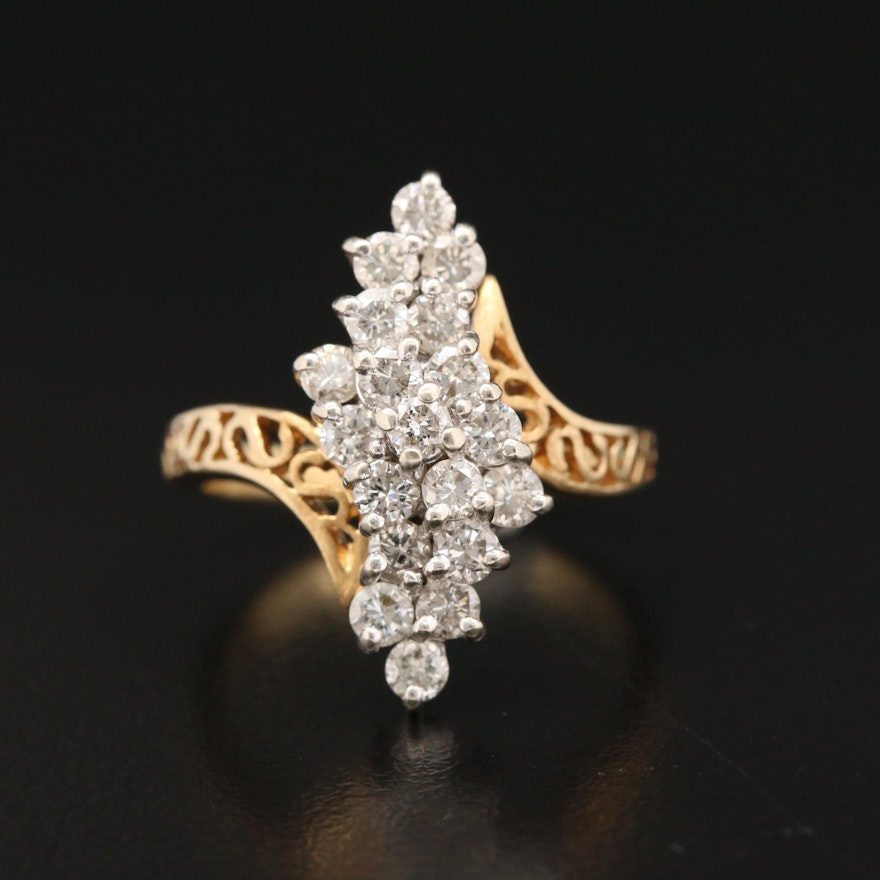 14K 1.00 CTW Diamond Waterfall Bypass Ring with Filigree Shoulders
