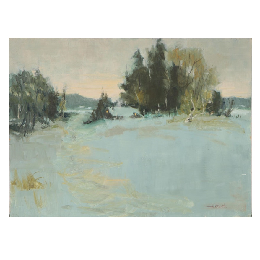 Harry Barton Winter Landscape Oil Painting, Mid 20th Century