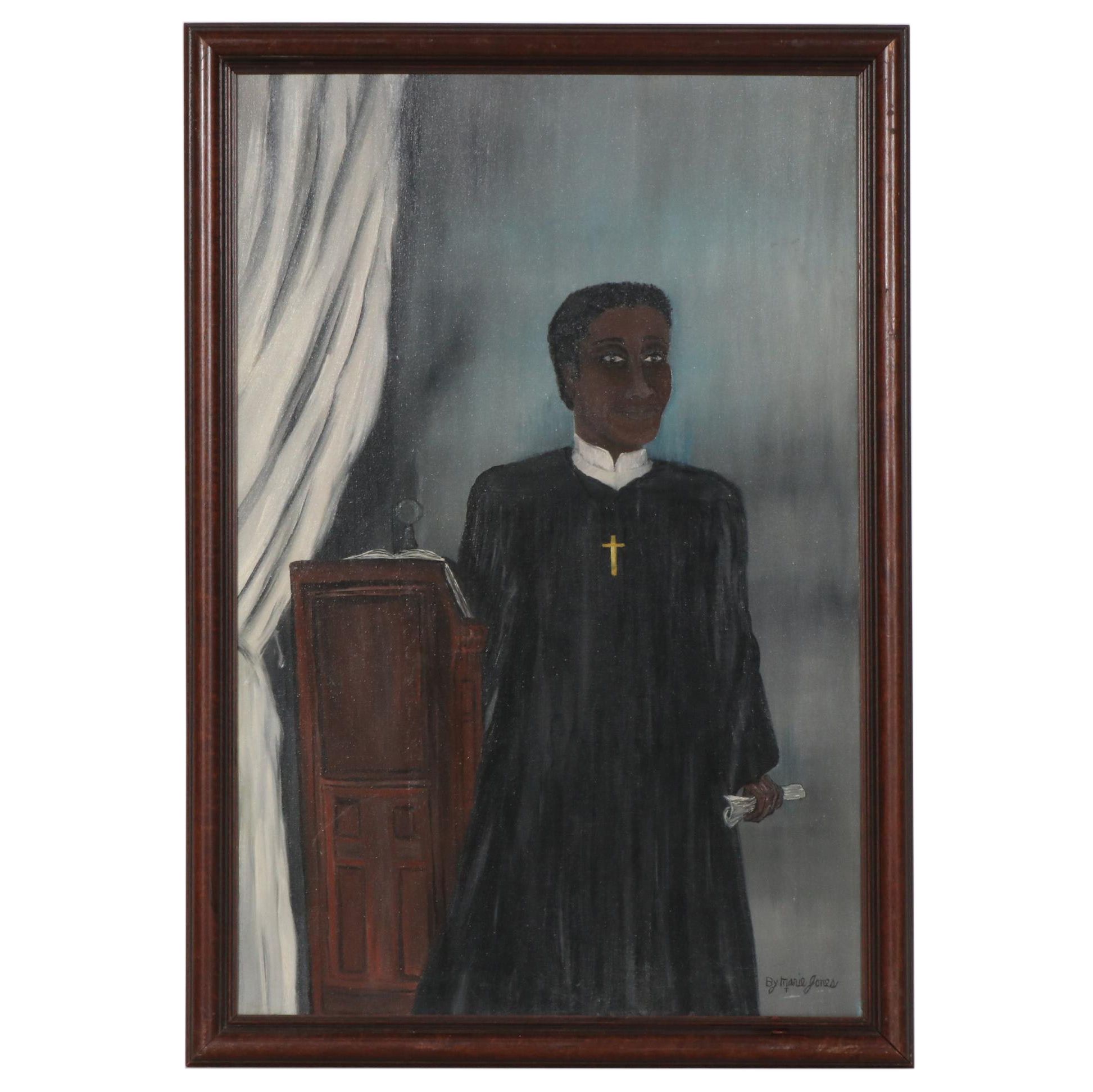 Marie Jones Oil Painting of Preacher at Pulpit, circa 1974