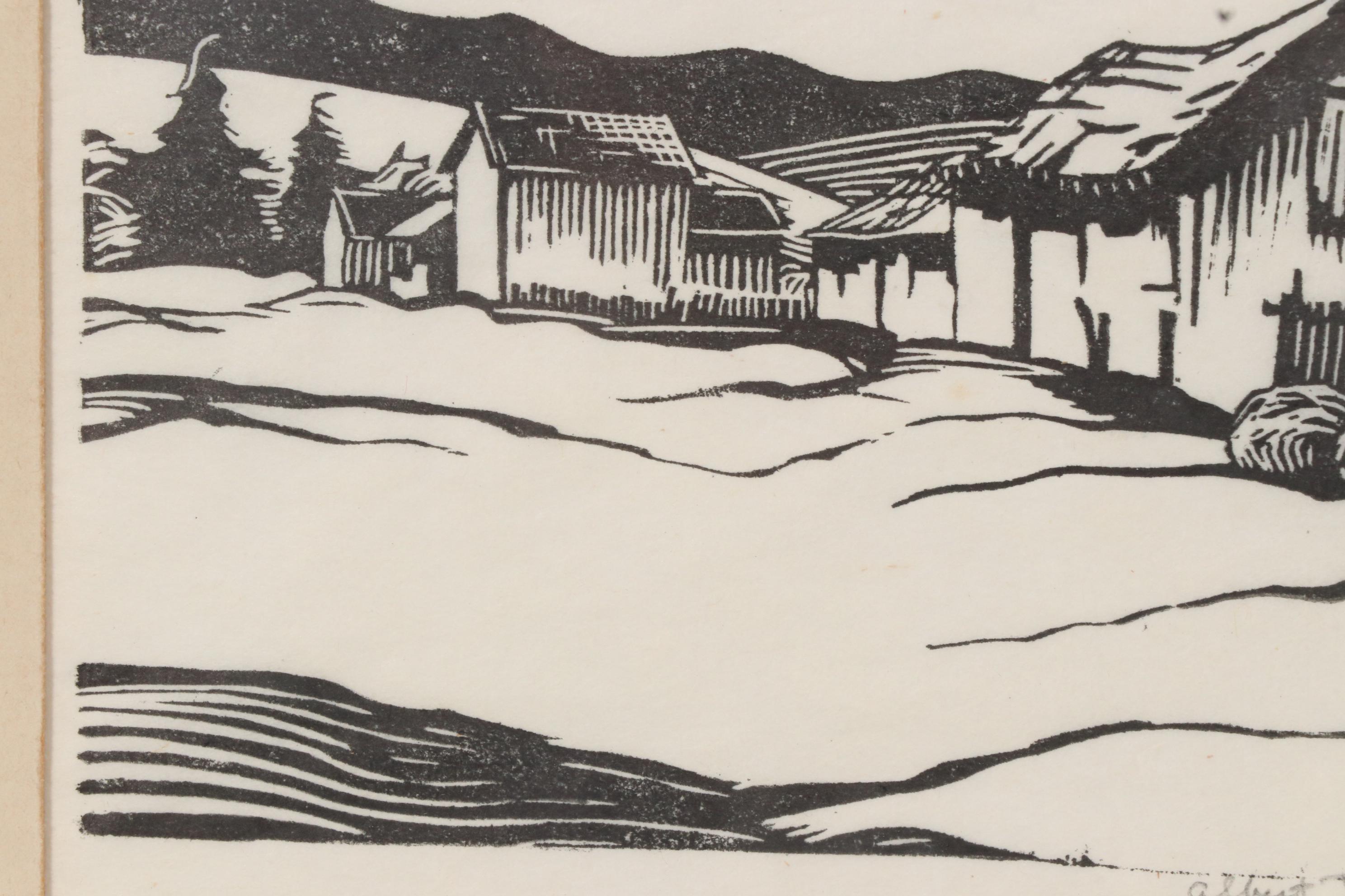 Ben Albert Benson Woodcut of Rural Landscape with Barn, 20th Century