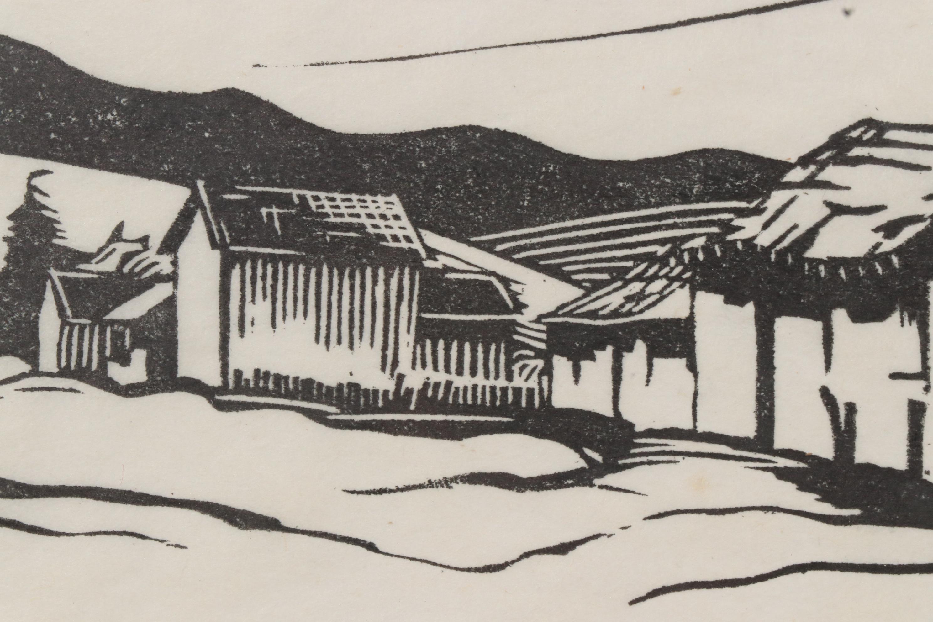 Ben Albert Benson Woodcut of Rural Landscape with Barn, 20th Century