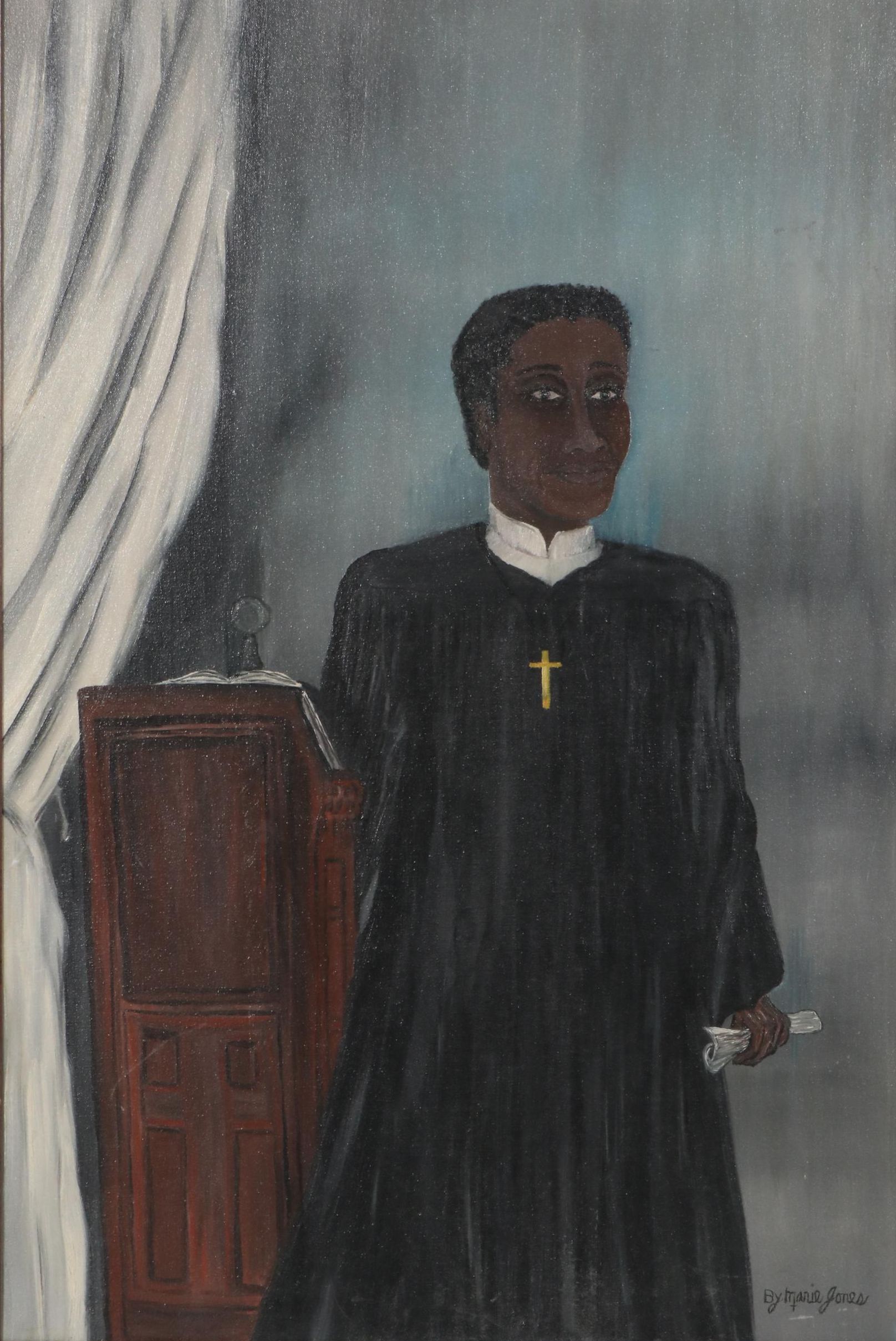 Marie Jones Oil Painting of Preacher at Pulpit, circa 1974