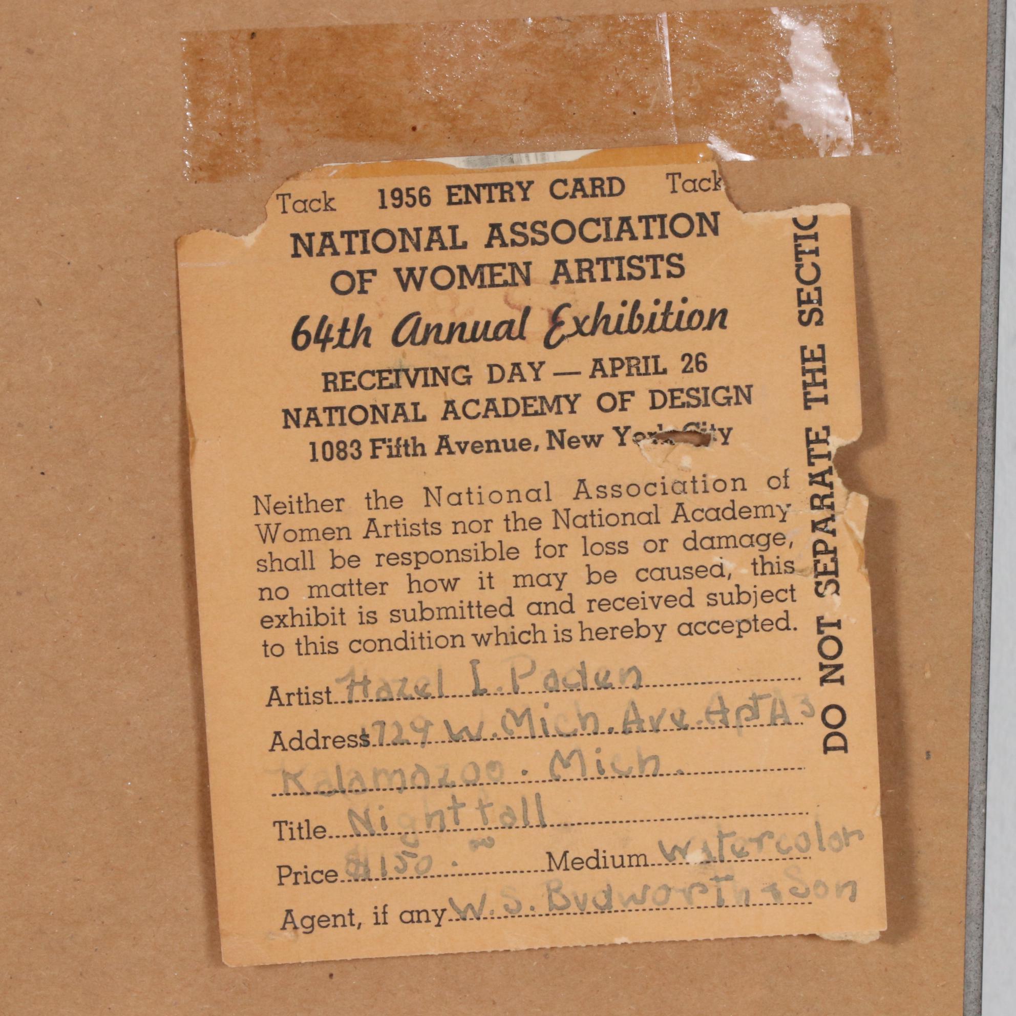 Hazel Paden Watercolor Painting "Nightfall", 1956