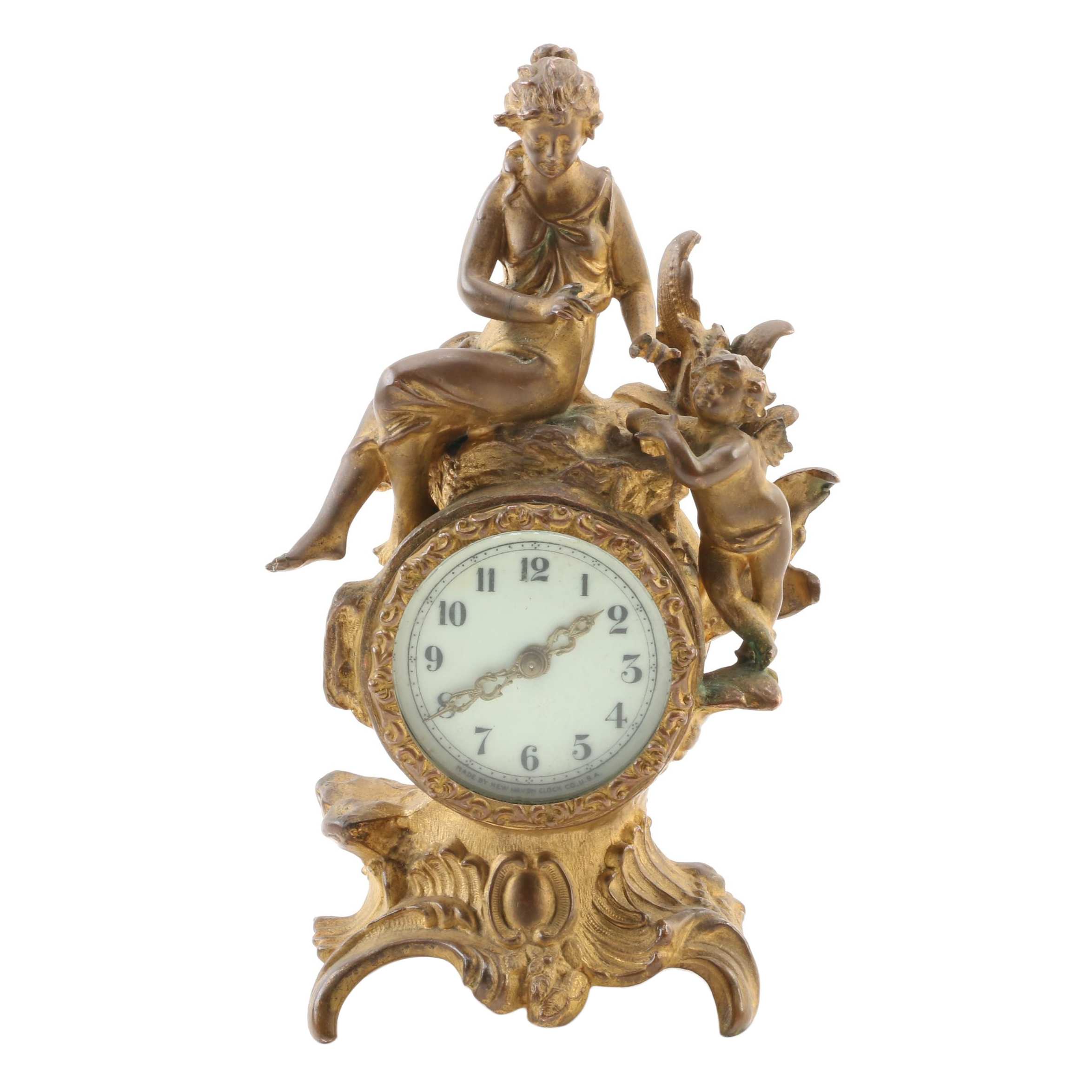 Art Nouveau New Haven Clock Co. Gilt Metal Figural Clock, Late 19th-Early 20th C