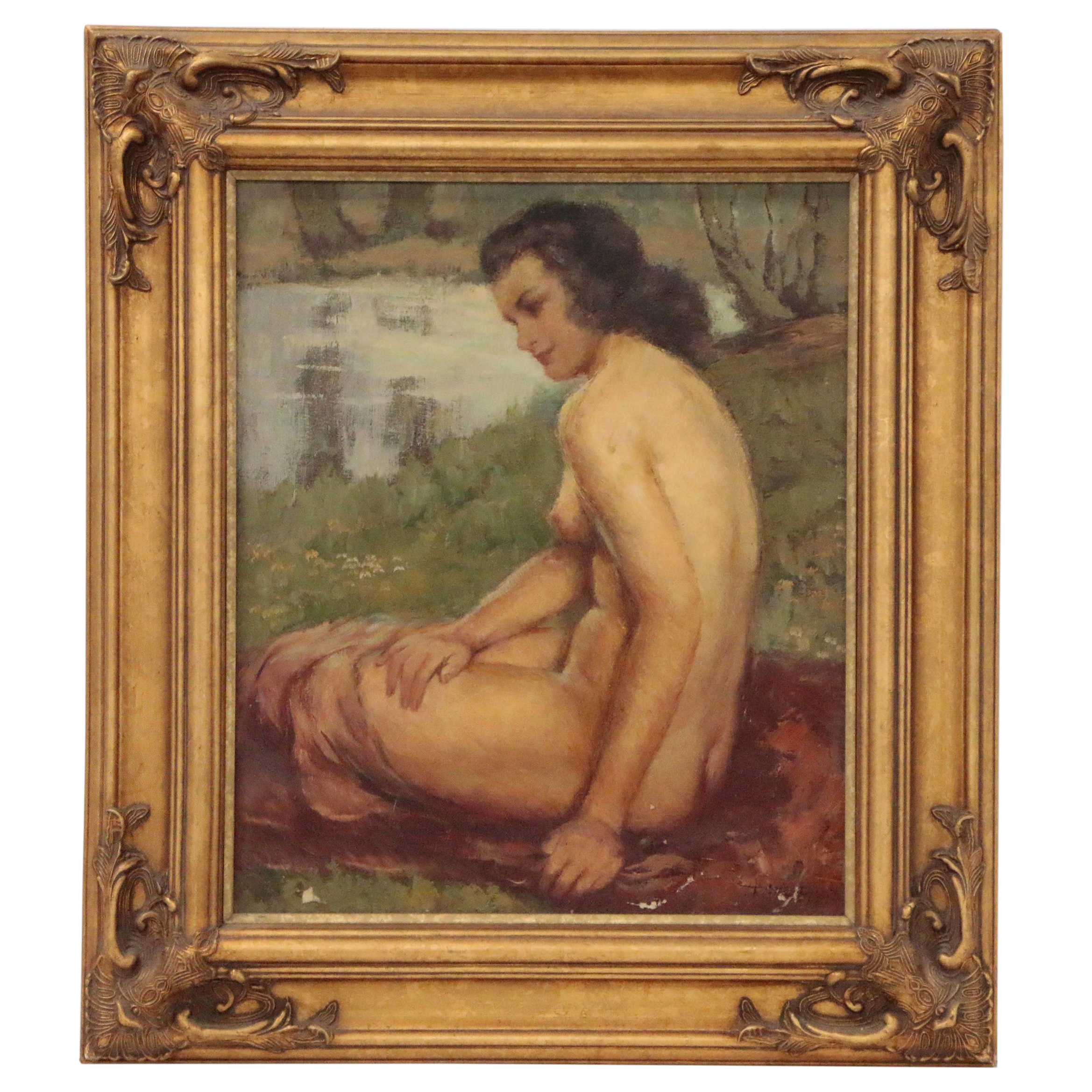 Maurice Callewaert Oil Painting of Seated Female Nude "Reverie"