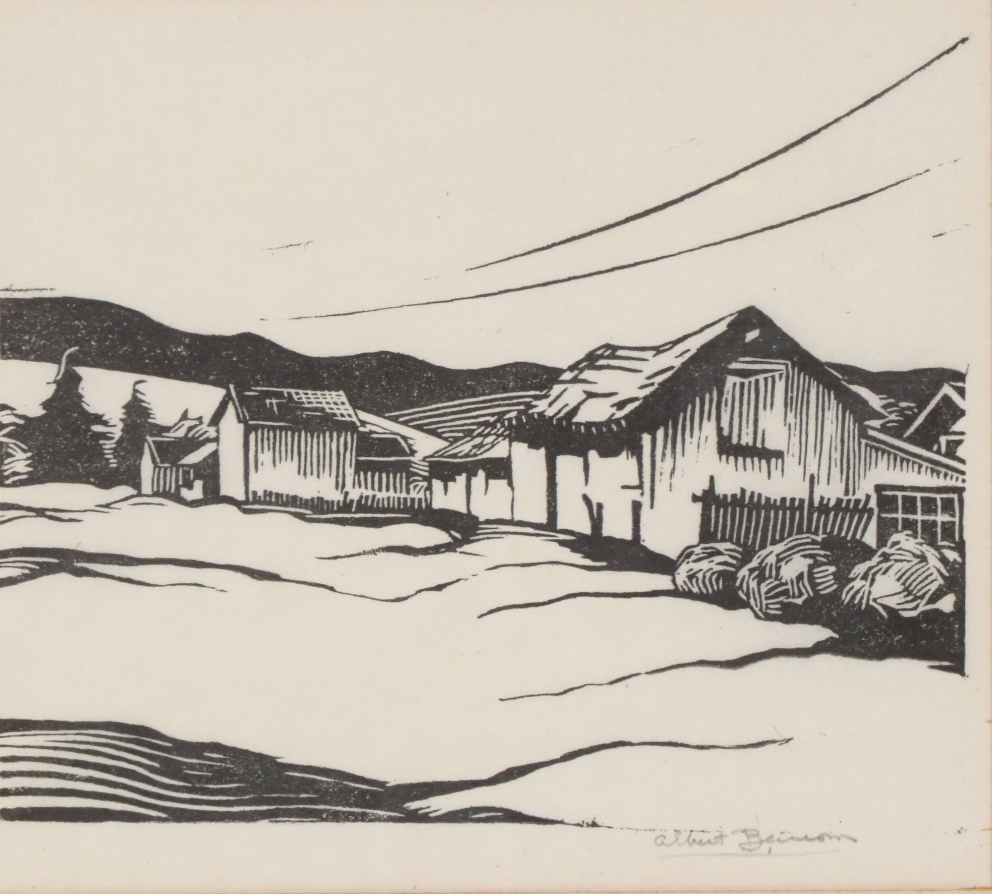 Ben Albert Benson Woodcut of Rural Landscape with Barn, 20th Century