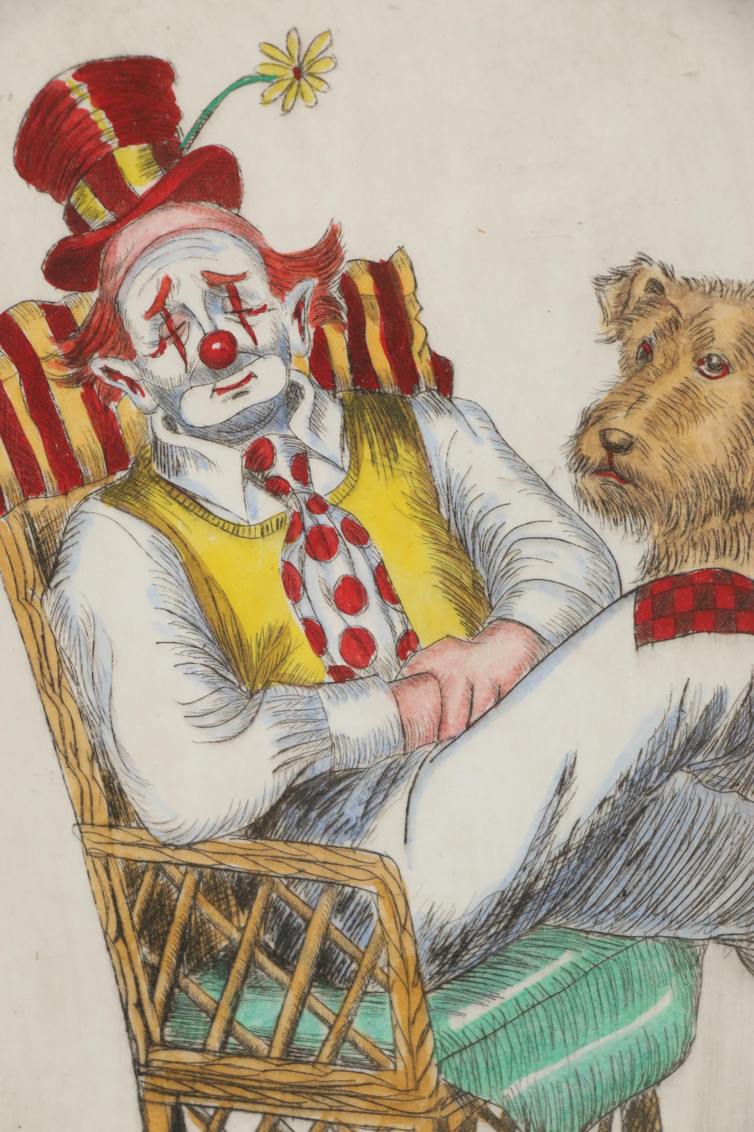 George Crionas Hand-colored Drypoint Etching of Clown "Forty Winks"