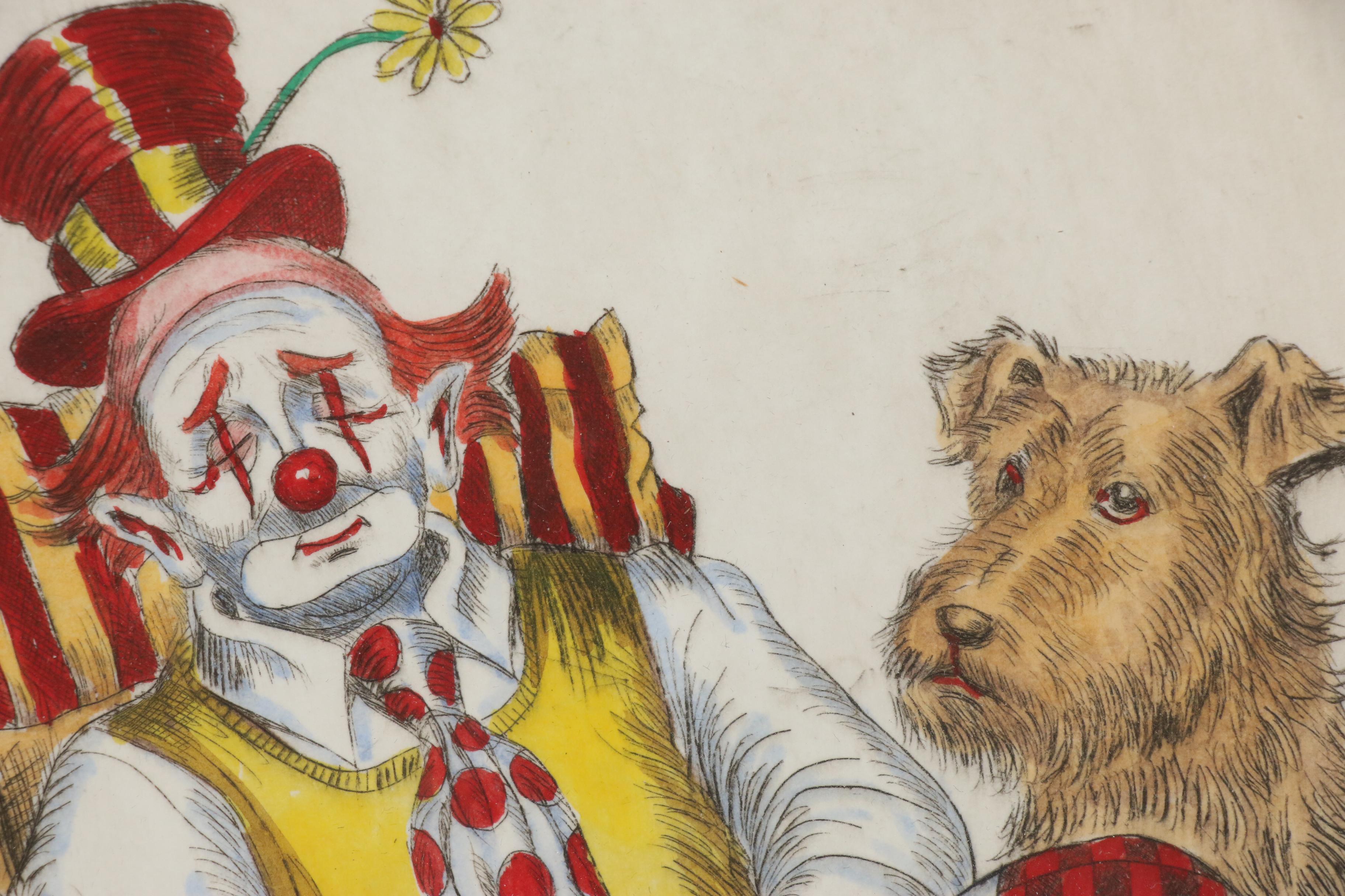 George Crionas Hand-colored Drypoint Etching of Clown "Forty Winks"