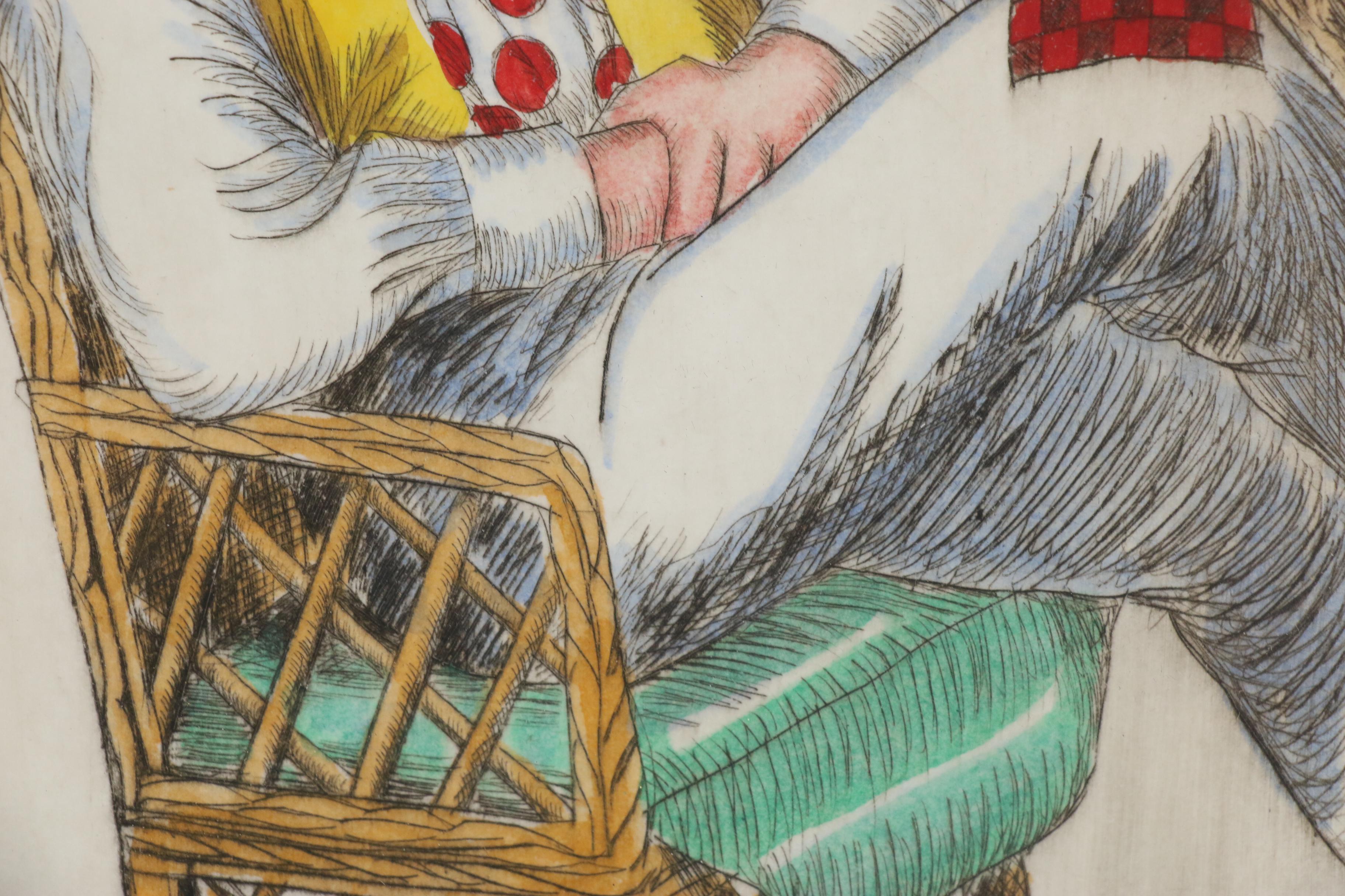 George Crionas Hand-colored Drypoint Etching of Clown "Forty Winks"