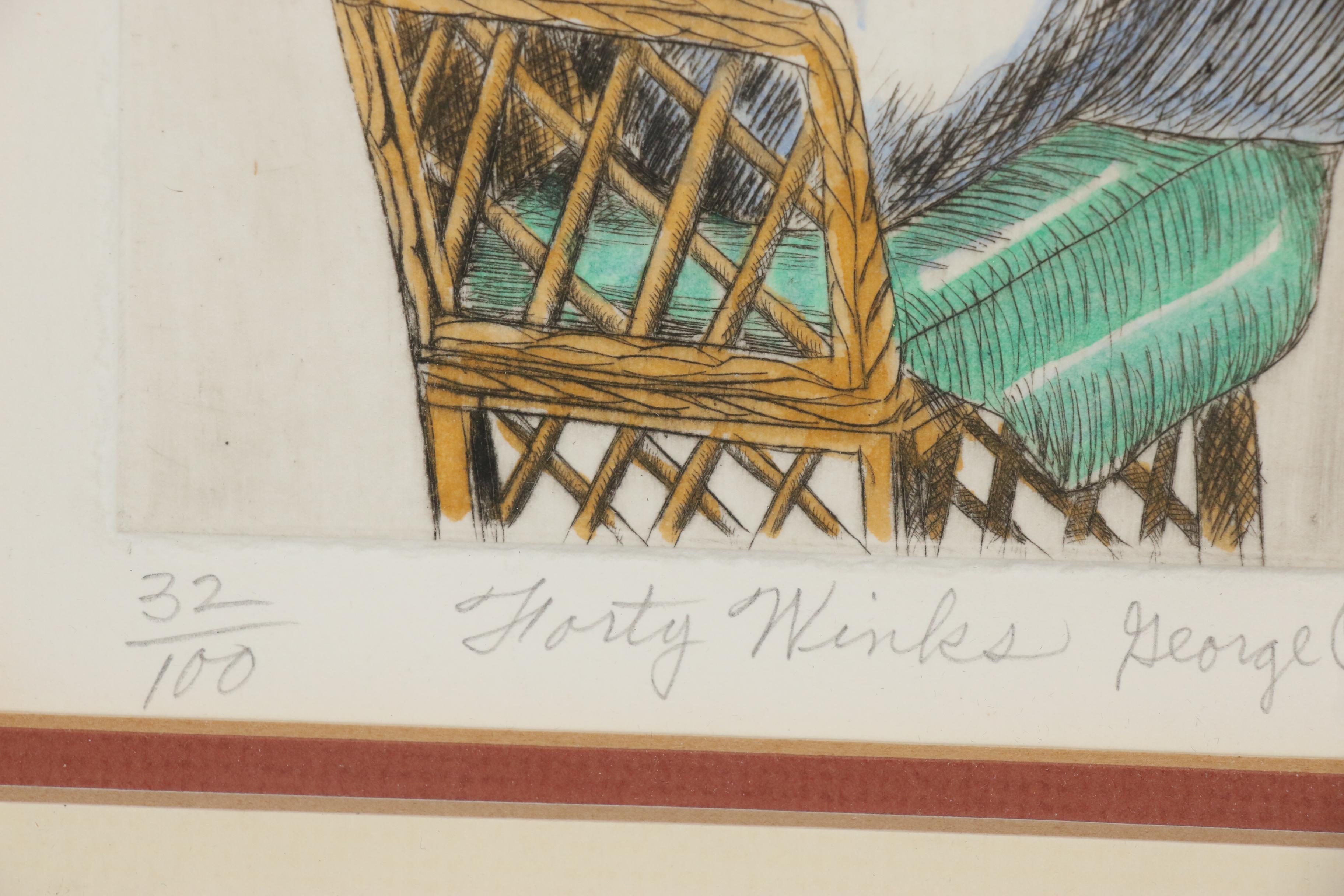 George Crionas Hand-colored Drypoint Etching of Clown "Forty Winks"