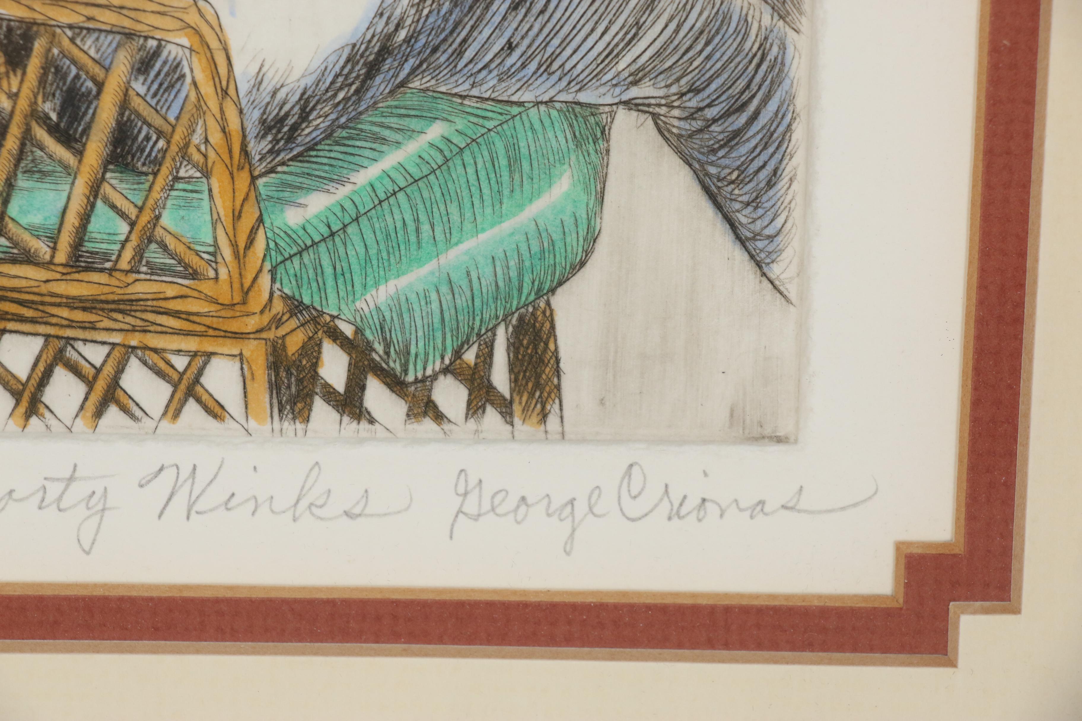 George Crionas Hand-colored Drypoint Etching of Clown "Forty Winks"