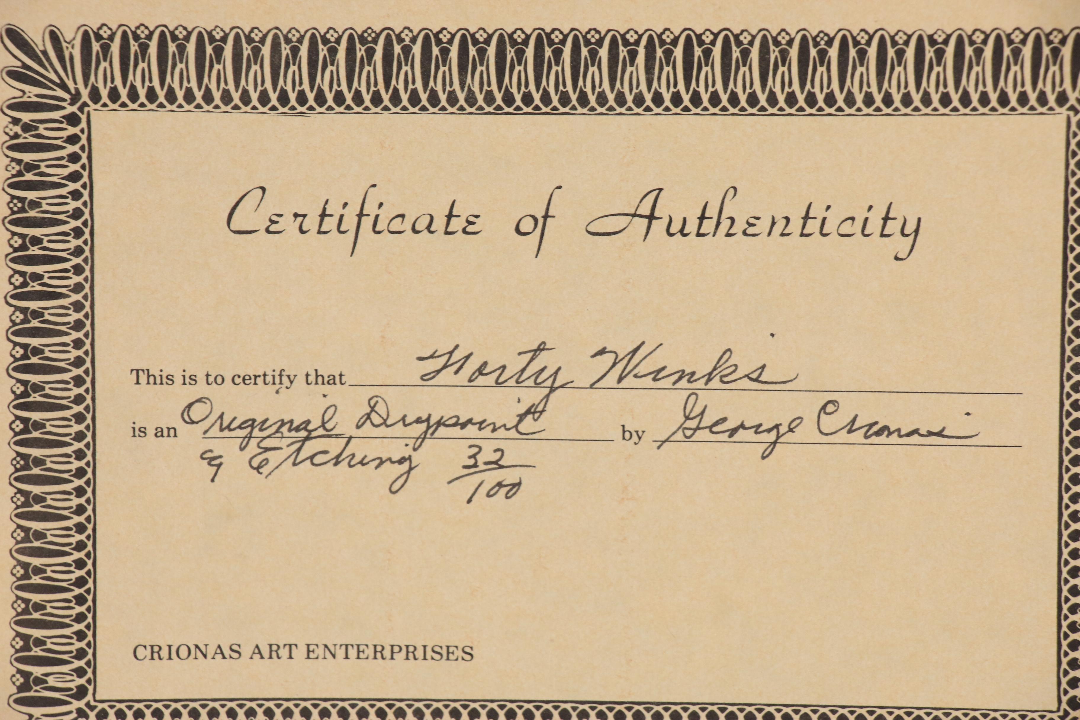 George Crionas Hand-colored Drypoint Etching of Clown "Forty Winks"