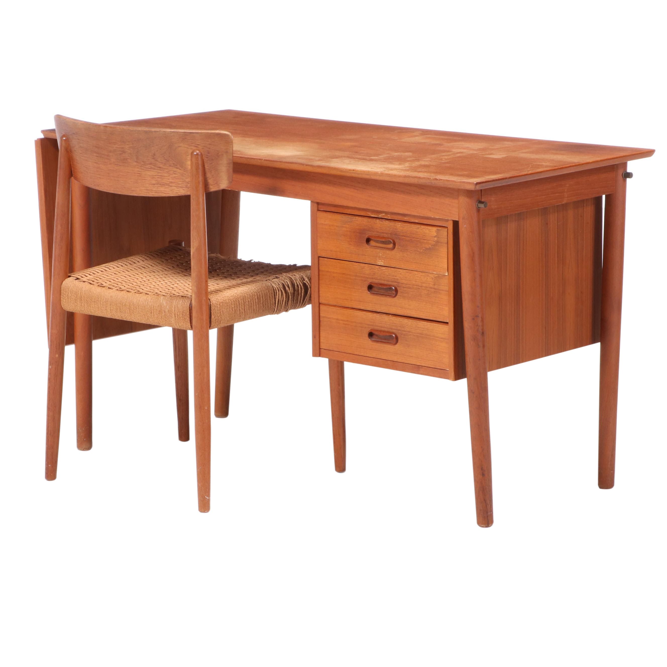 Arne Vodder for Johannes Hansen Danish Modern Teak Drop-Leaf Desk and Side Chair