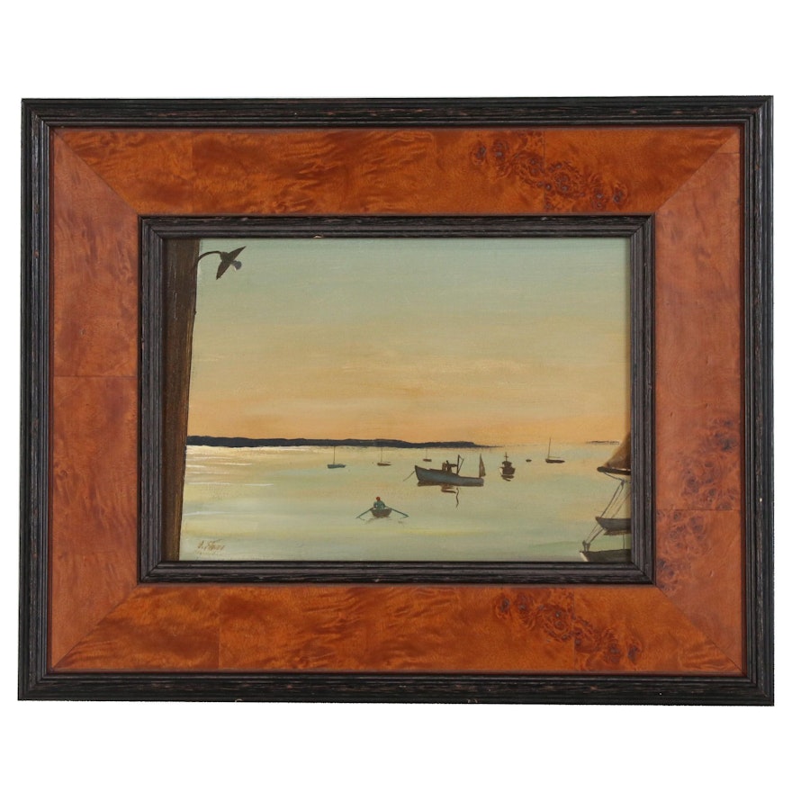 Stephen Etnier Oil Painting of Harbor Scene with Rower "Performance"